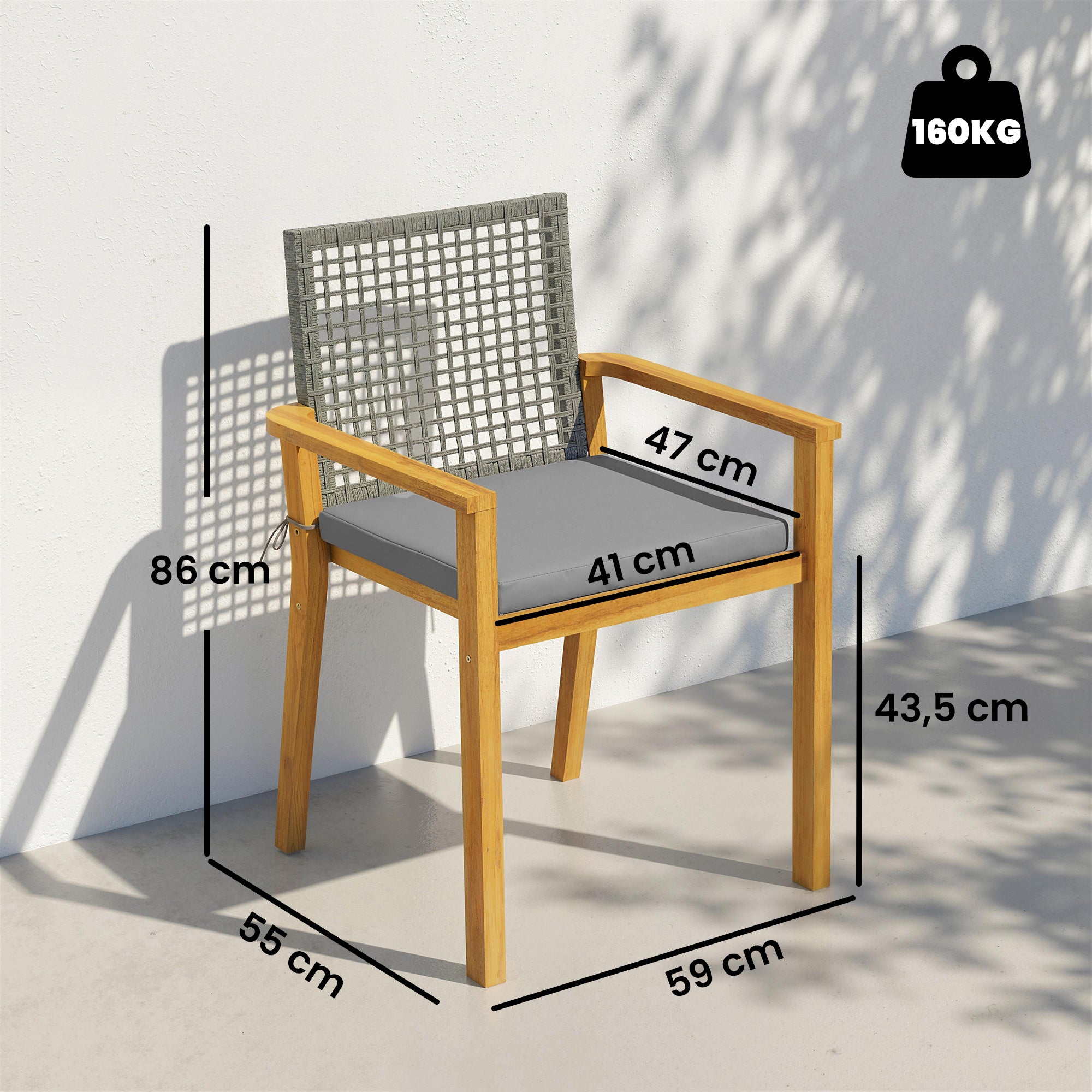 Outsunny Juego de 2 Sillas de Jardín Exterior de Madera, Sillas de Jardín Apilables con Cojines Desmontables, Brazos, Respaldo de Ratán PE, Carga 160 kg, para Terraza, 59x55x86 cm, Madera Natural