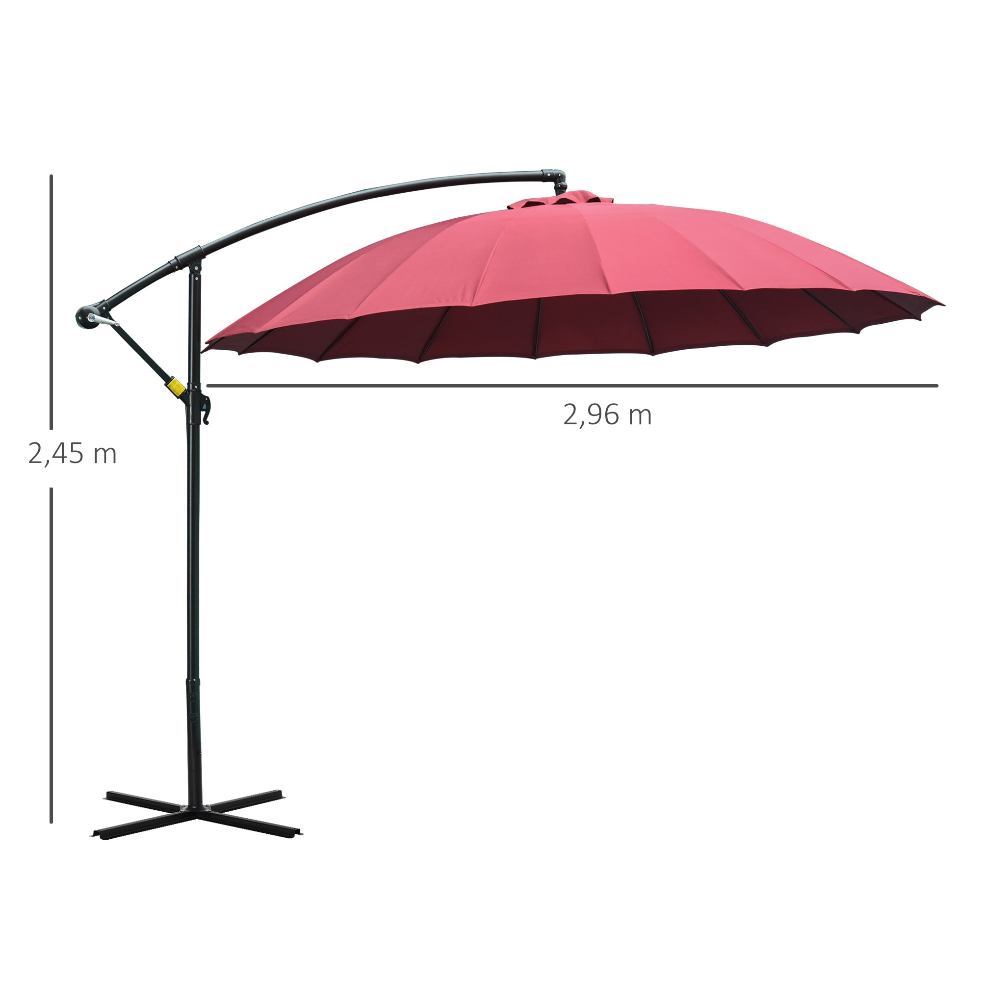 Outsunny Sombrilla Ø300 cm Parasol de Jardín con Manivela Manual 18 Costillas y Base Cruzada Rojo