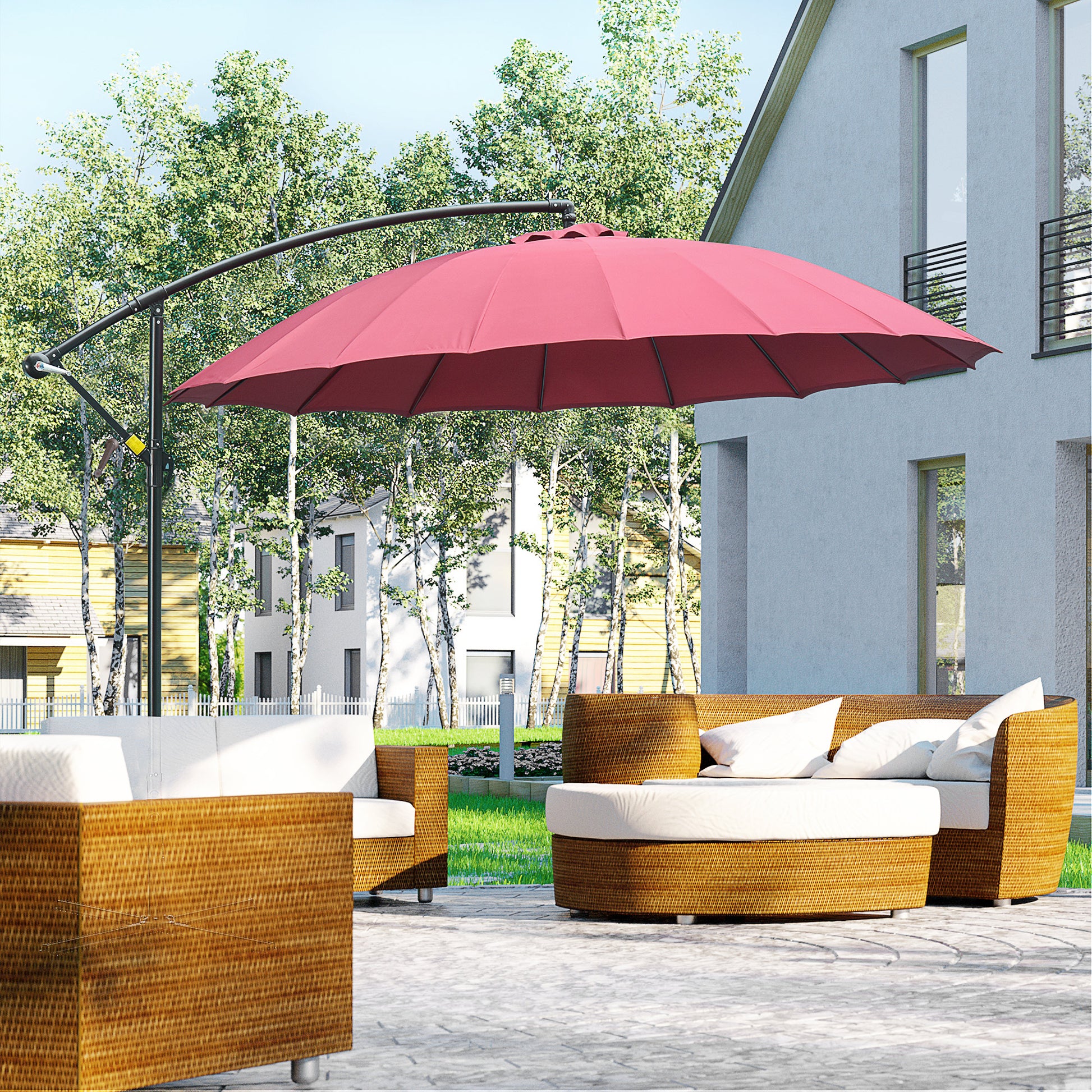 Outsunny Sombrilla Ø300 cm Parasol de Jardín con Manivela Manual 18 Costillas y Base Cruzada Rojo