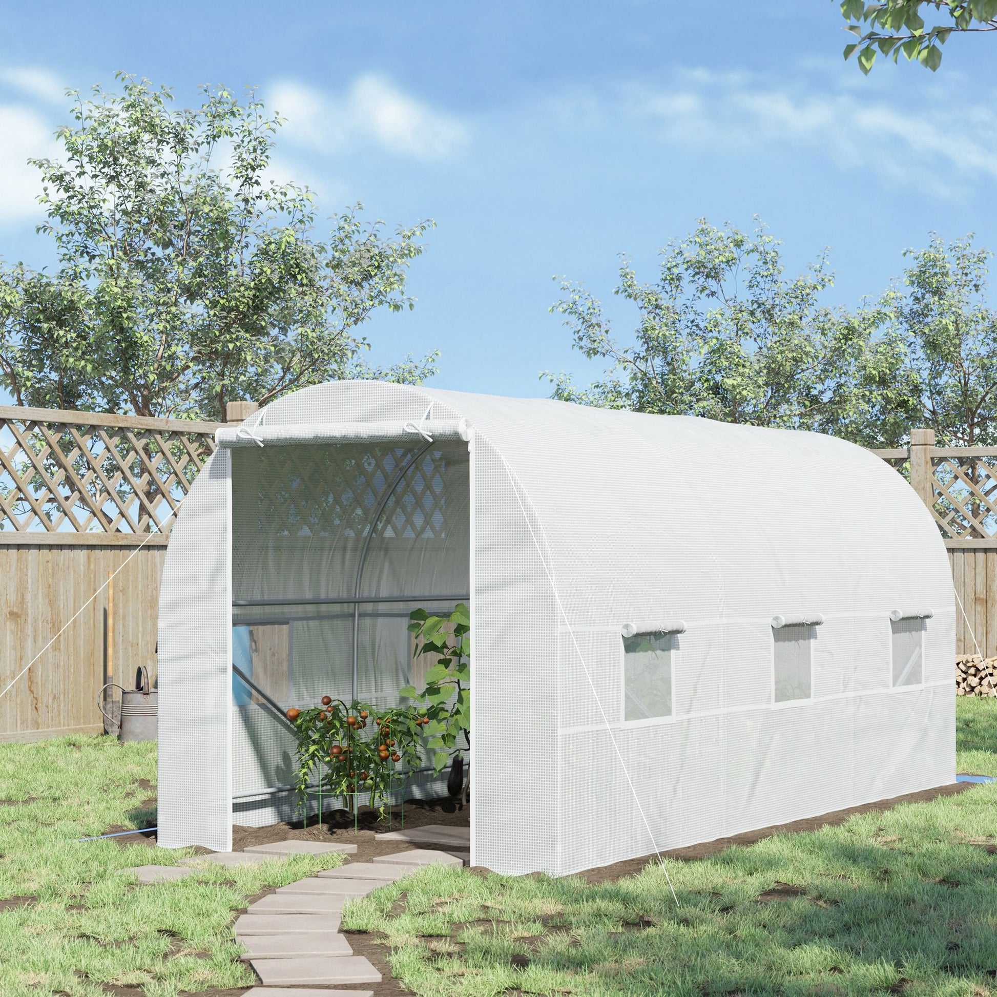 Outsunny Invernadero de Exterior 4,5x2x2 m Invernadero de Túnel con 6 Ventanas de Malla y Puerta Enrollable con Cremallera Invernadero de Huerto Anti-UV para Patio Jardín Blanco