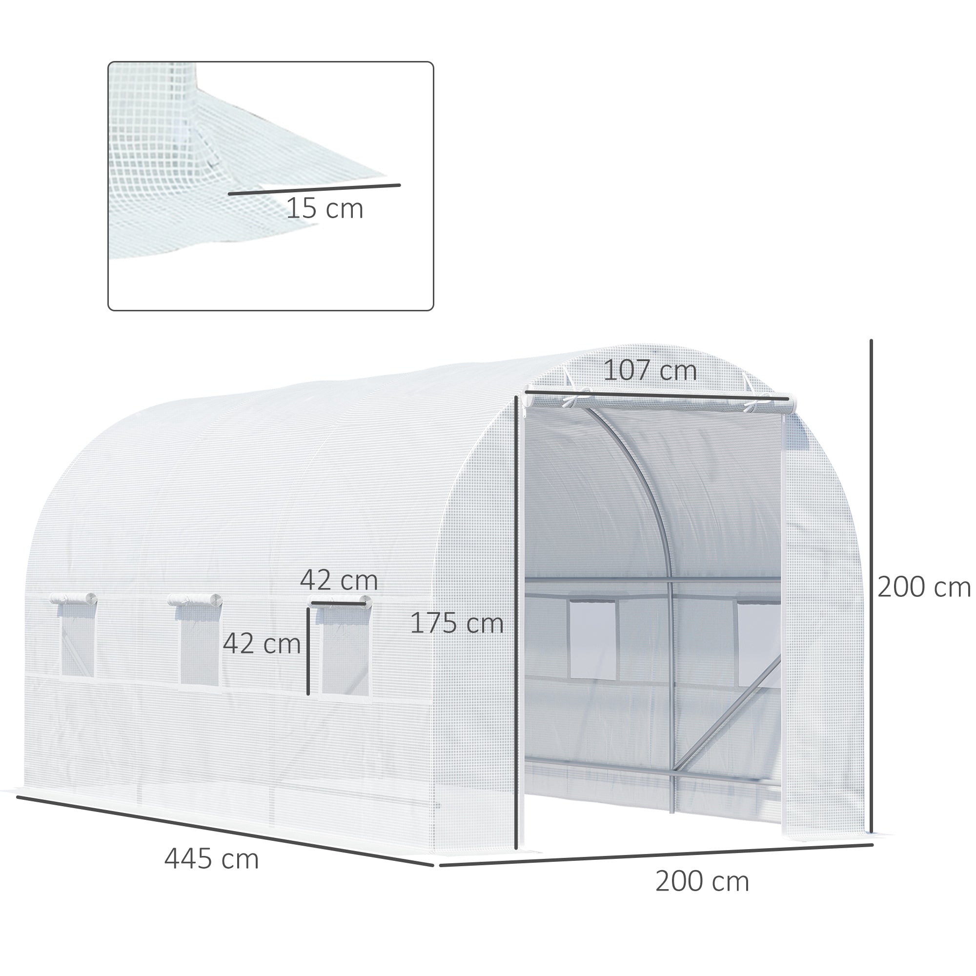 Outsunny Invernadero de Exterior 4,5x2x2 m Invernadero de Túnel con 6 Ventanas de Malla y Puerta Enrollable con Cremallera Invernadero de Huerto Anti-UV para Patio Jardín Blanco