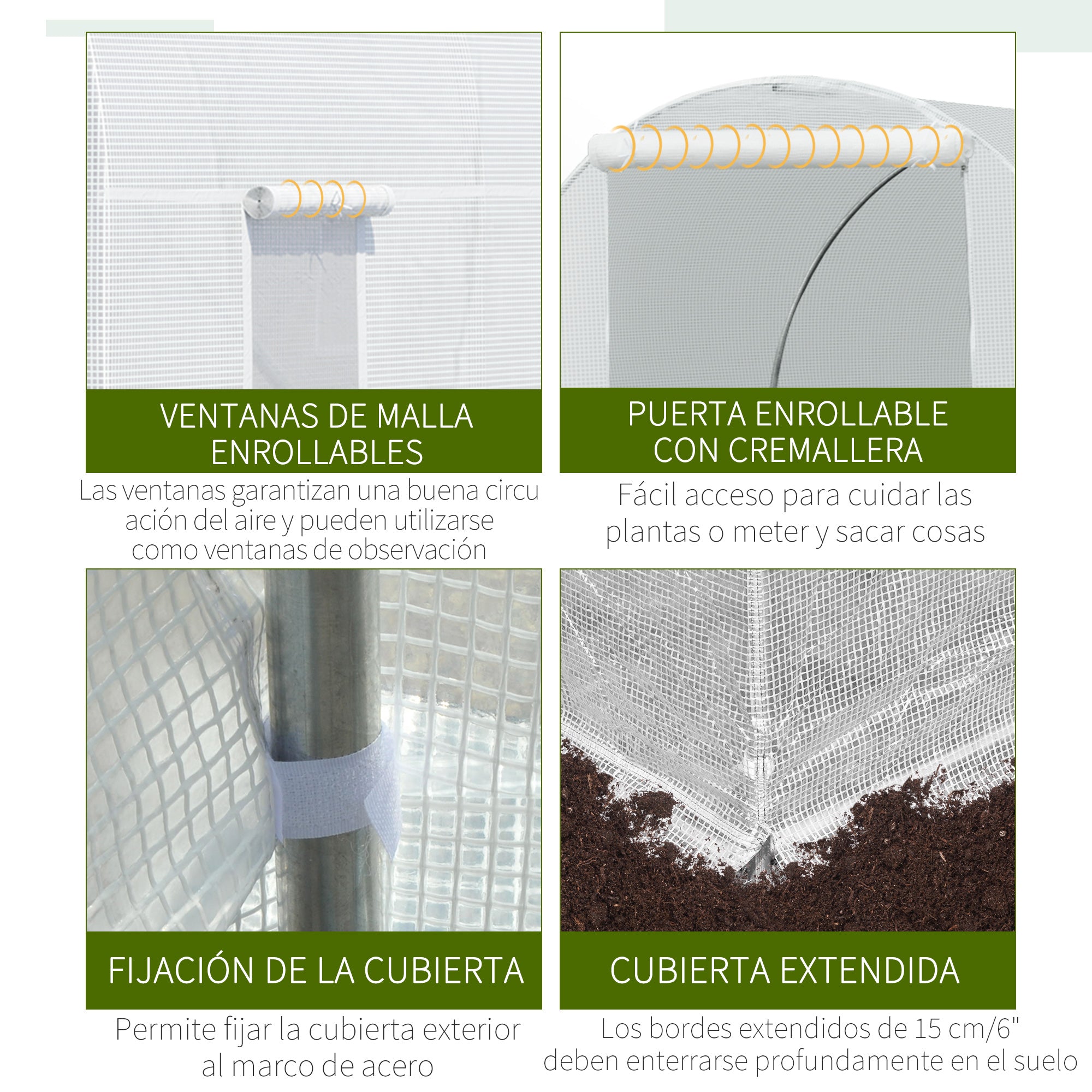 Outsunny Invernadero de Exterior 4,5x2x2 m Invernadero de Túnel con 6 Ventanas de Malla y Puerta Enrollable con Cremallera Invernadero de Huerto Anti-UV para Patio Jardín Blanco