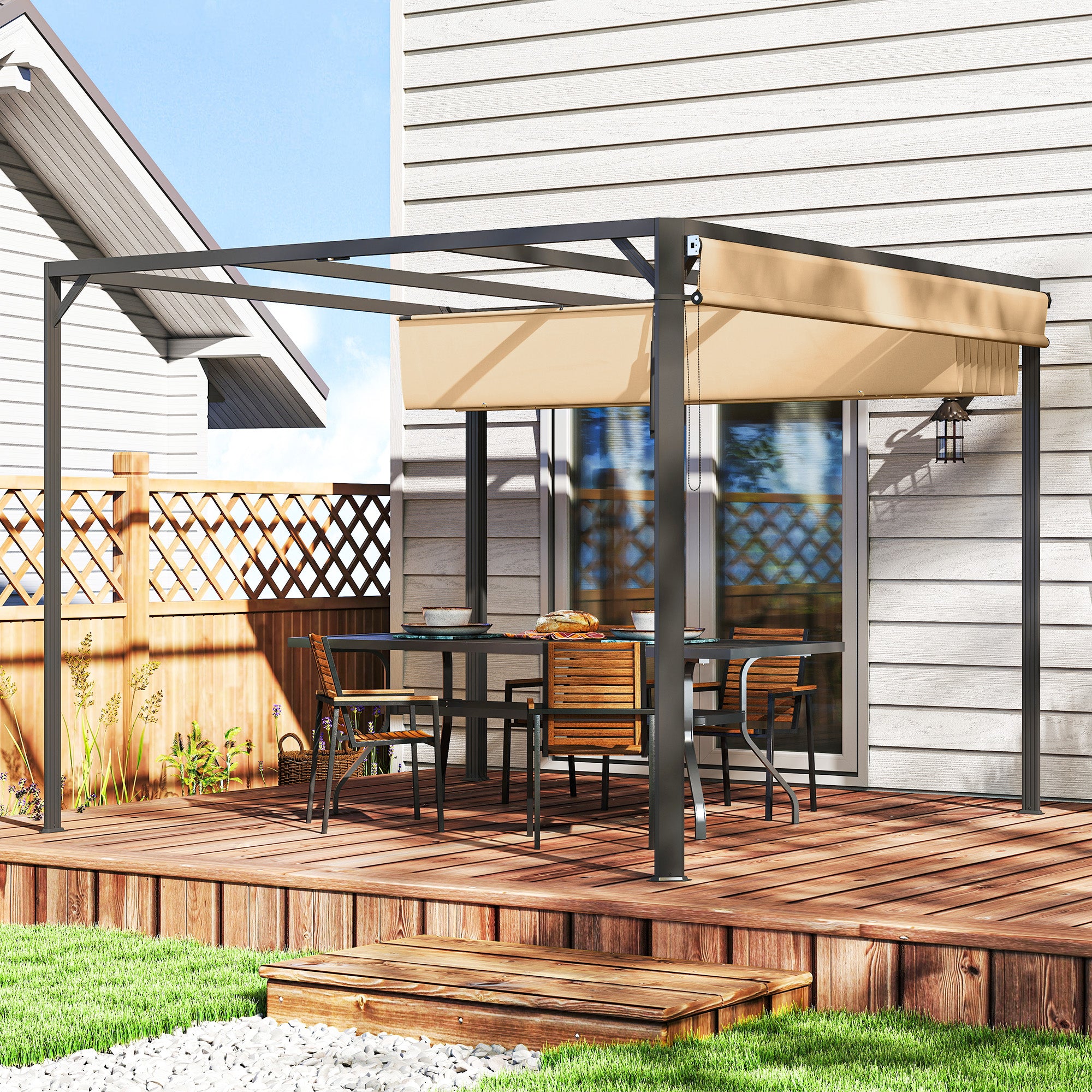 Outsunny Pérgola de Aluminio con Techo Retráctil Pérgola 3x3 m Cenador con Cortina Enrollable Protección UV30+ Pabellón para Jardín Patio Terraza Exterior Caqui