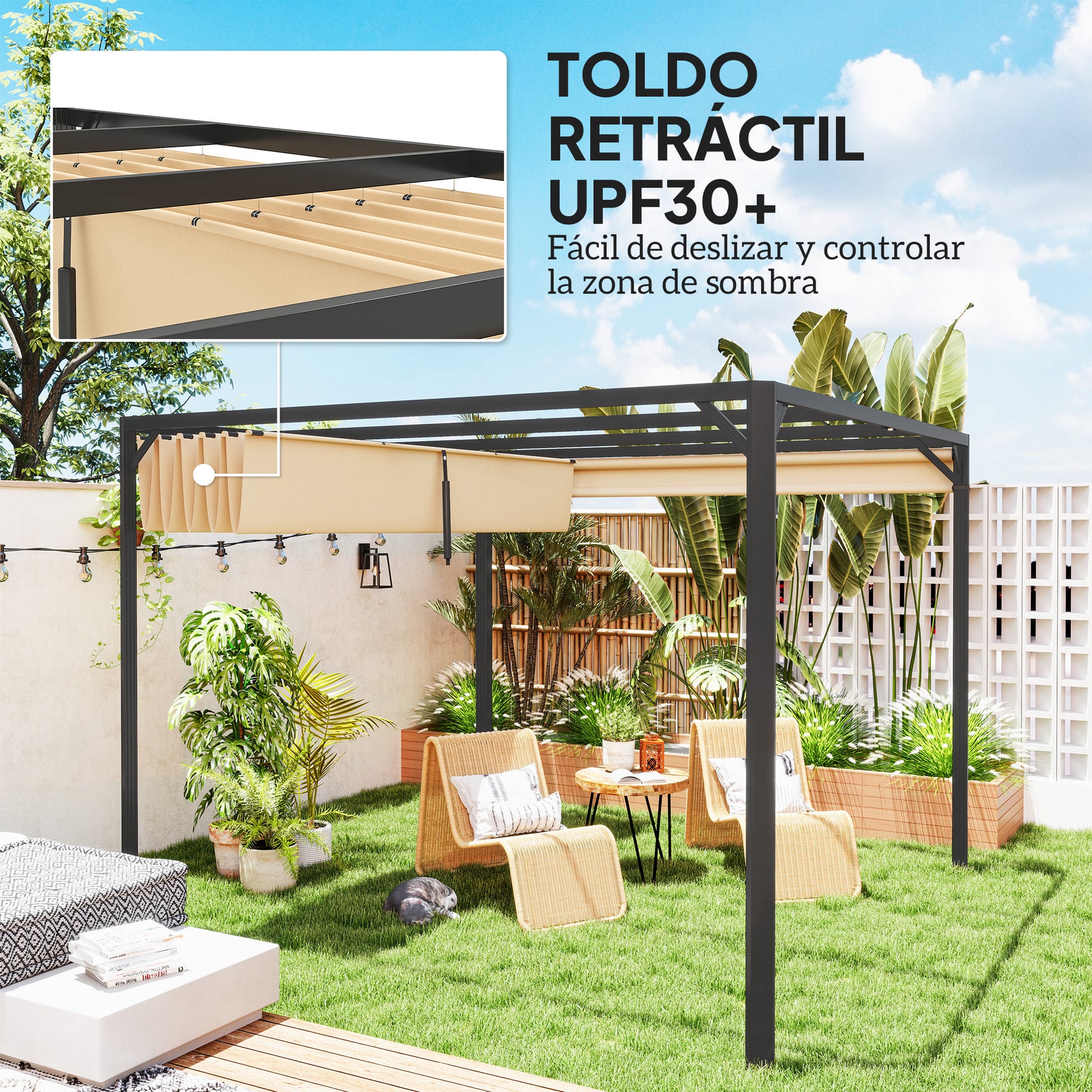 Outsunny Pérgola de Aluminio con Techo Retráctil Pérgola 3x3 m Cenador con Cortina Enrollable Protección UV30+ Pabellón para Jardín Patio Terraza Exterior Caqui