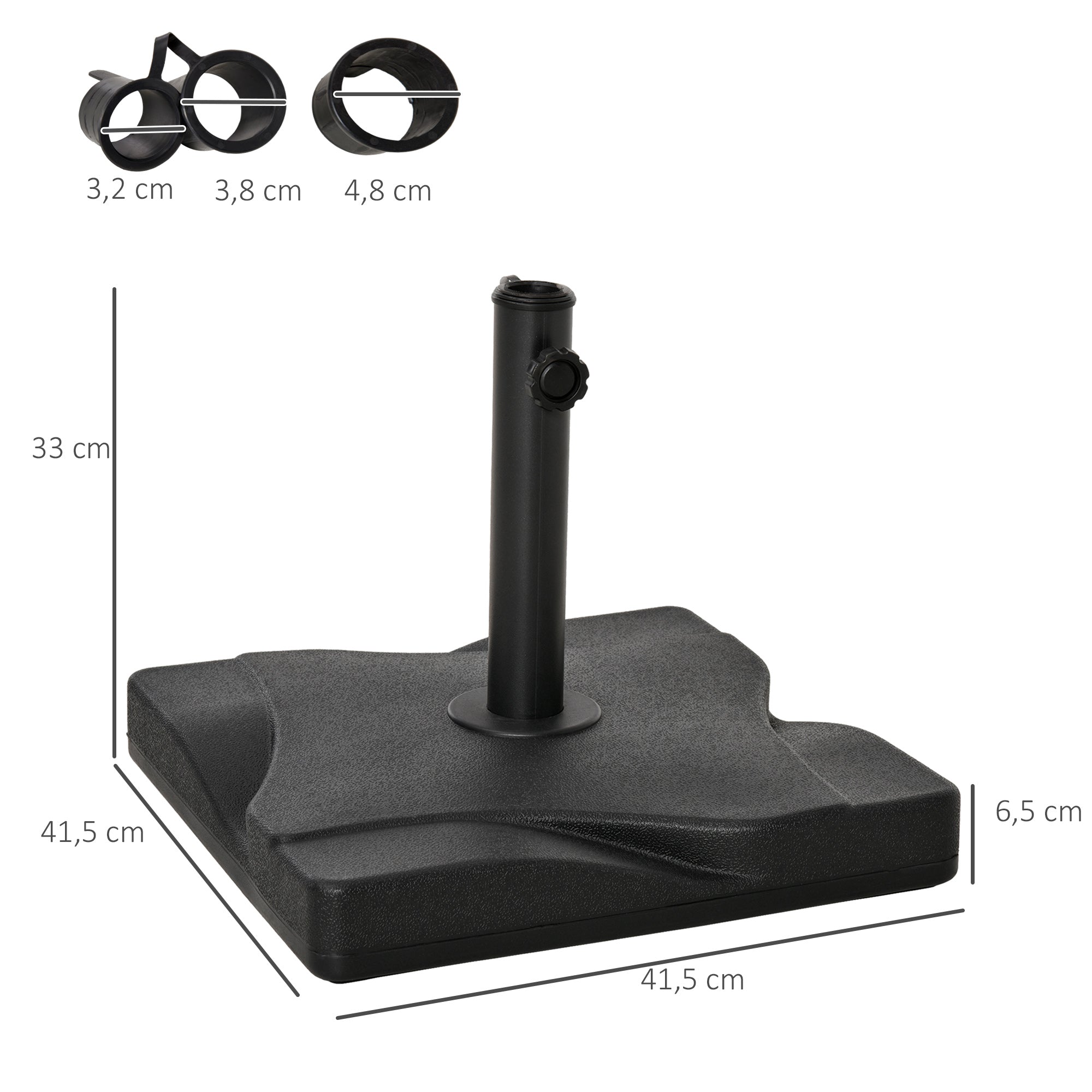 Outsunny Base de Sombrilla de Jardín Peso 20 kg Apta para Distintos Diámetros de Poste Ø32mm, Ø38mm, Ø48mm Rellena con Cemento Estable 41,5x41,5x33cm Negro