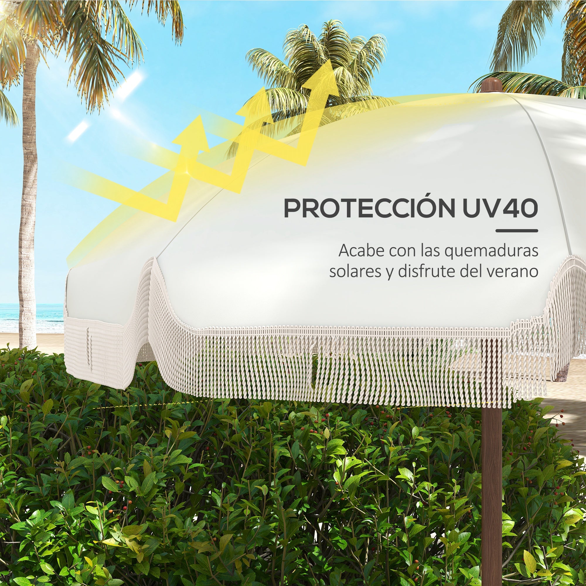 Outsunny Sombrilla de Playa con Flecos Ø190x210 cm Parasol para Terraza con 8 Varillas Apertura Manual Anti-UV Impermeable y Bolsa de Transporte para Jardín Piscina Gris Claro