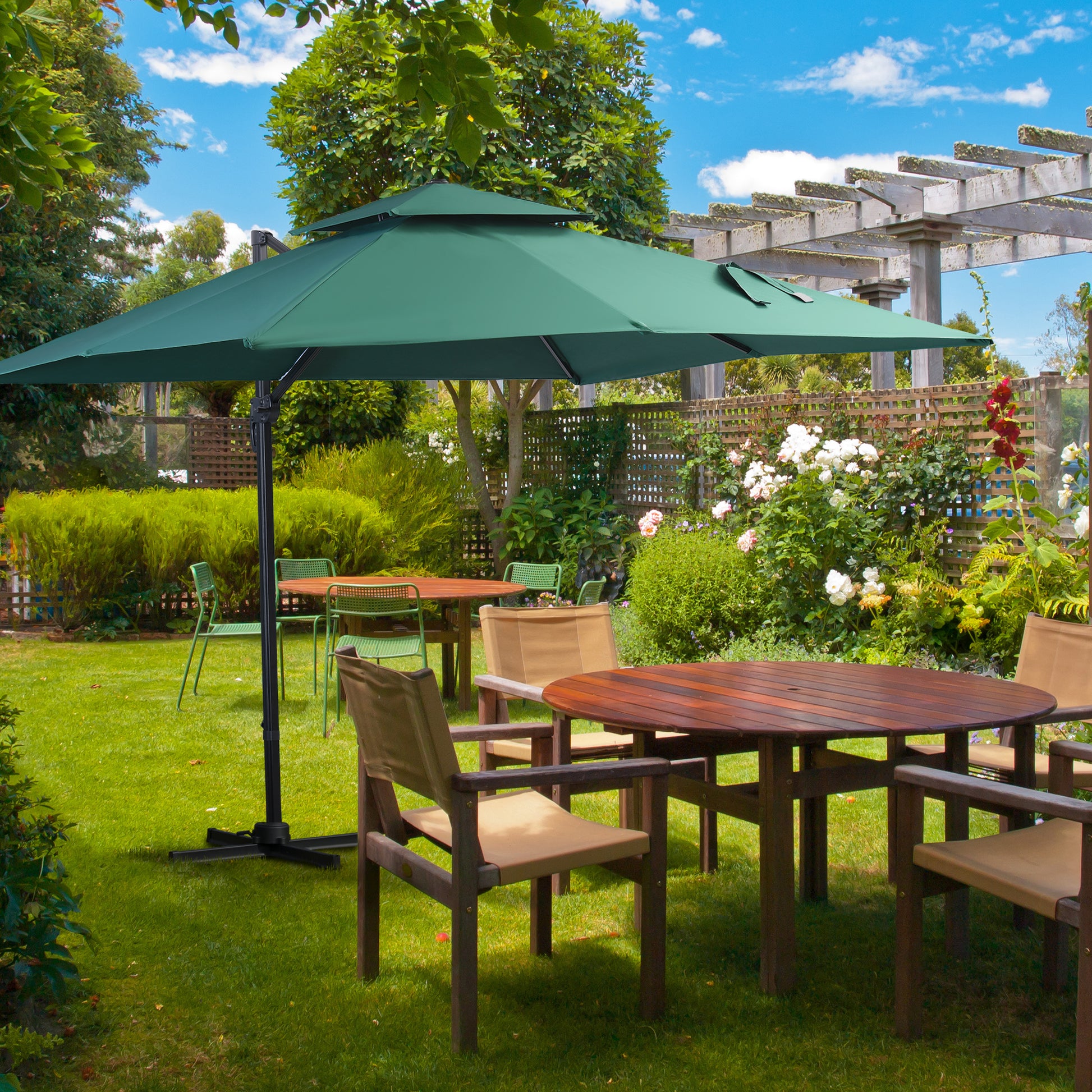 Outsunny Sombrilla de Jardín 300x300 cm Parasol de Aluminio con Manivela Poste Giratorio 360° Doble Techo Inclinable en 6 Posiciones y Base Cruzada Incluida Verde