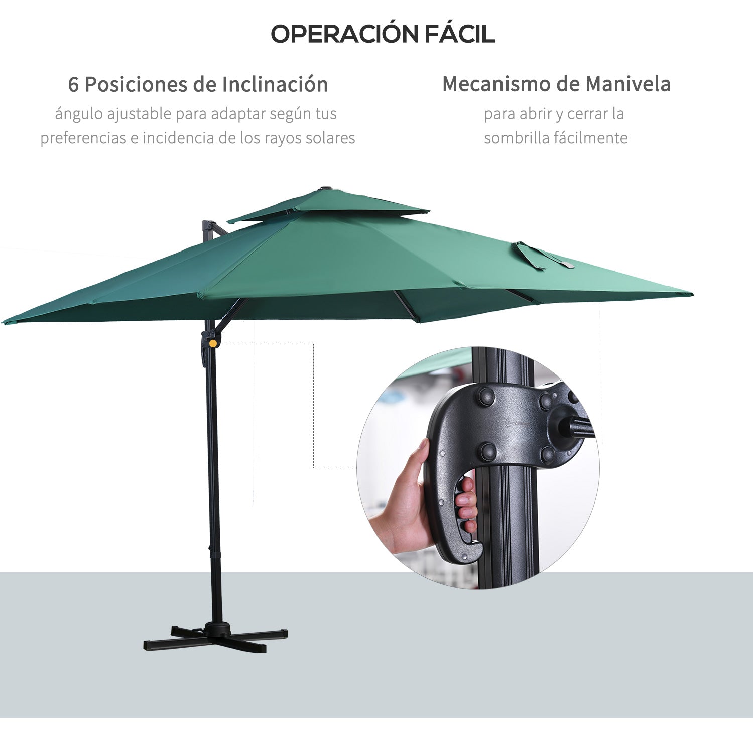 Outsunny Sombrilla de Jardín 300x300 cm Parasol de Aluminio con Manivela Poste Giratorio 360° Doble Techo Inclinable en 6 Posiciones y Base Cruzada Incluida Verde