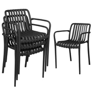 Outsunny Juego de 4 Sillas de Jardín Exterior Apilables, Sillas Terraza Exterior de PP con Respaldo Curvado, Asiento de Listones, Reposabrazos, 55x58,5x81,5 cm, Negro
