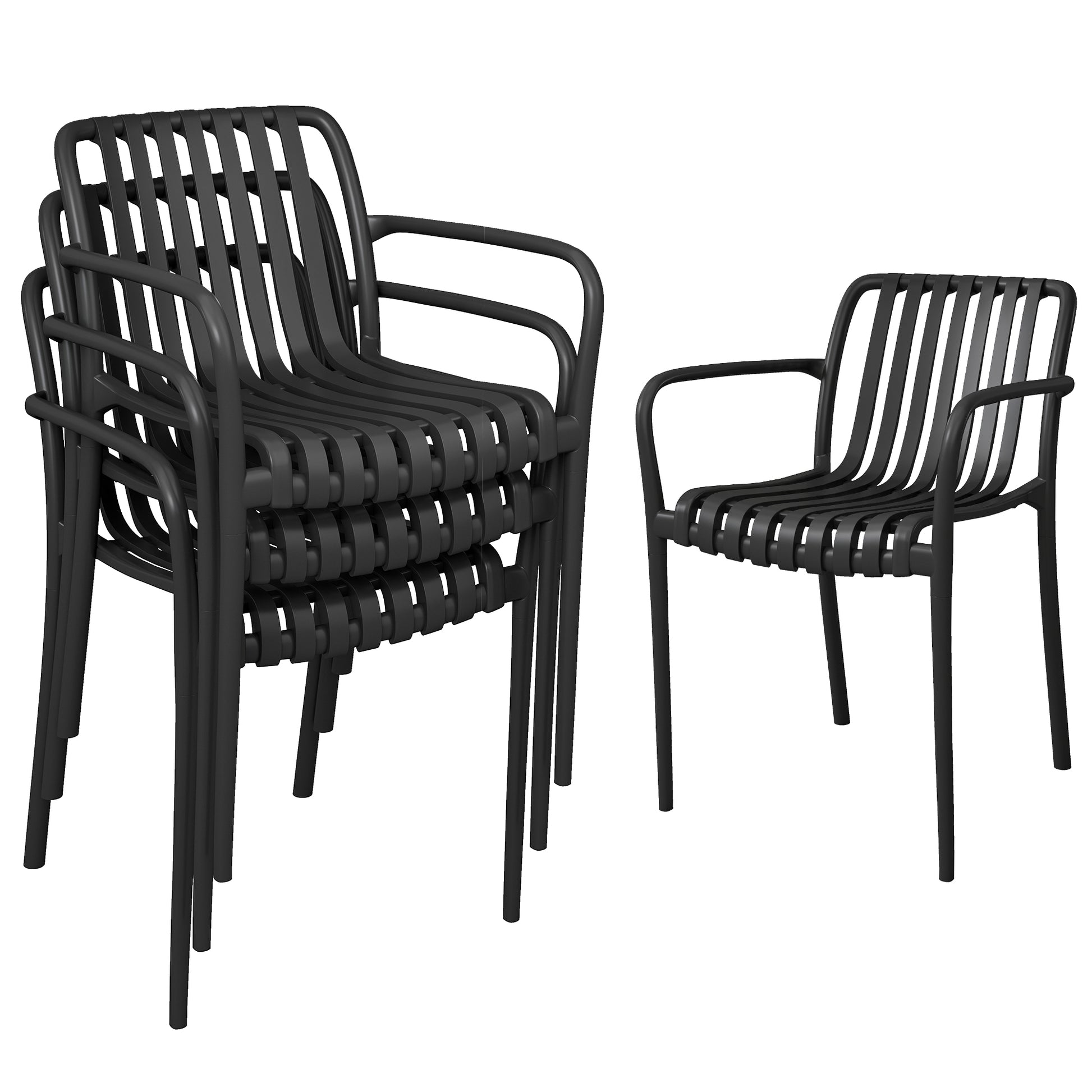 Outsunny Juego de 4 Sillas de Jardín Exterior Apilables, Sillas Terraza Exterior de PP con Respaldo Curvado, Asiento de Listones, Reposabrazos, 55x58,5x81,5 cm, Negro