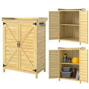 Outsunny Armario de Exterior de Madera, Caseta de Jardín Exterior con Techo de Metal Galvanizado, Estantes, 2 Puertas, Ganchos, Cobertizo de Jardín para Almacenaje Herramientas, 71,5x39x95 cm, Natural