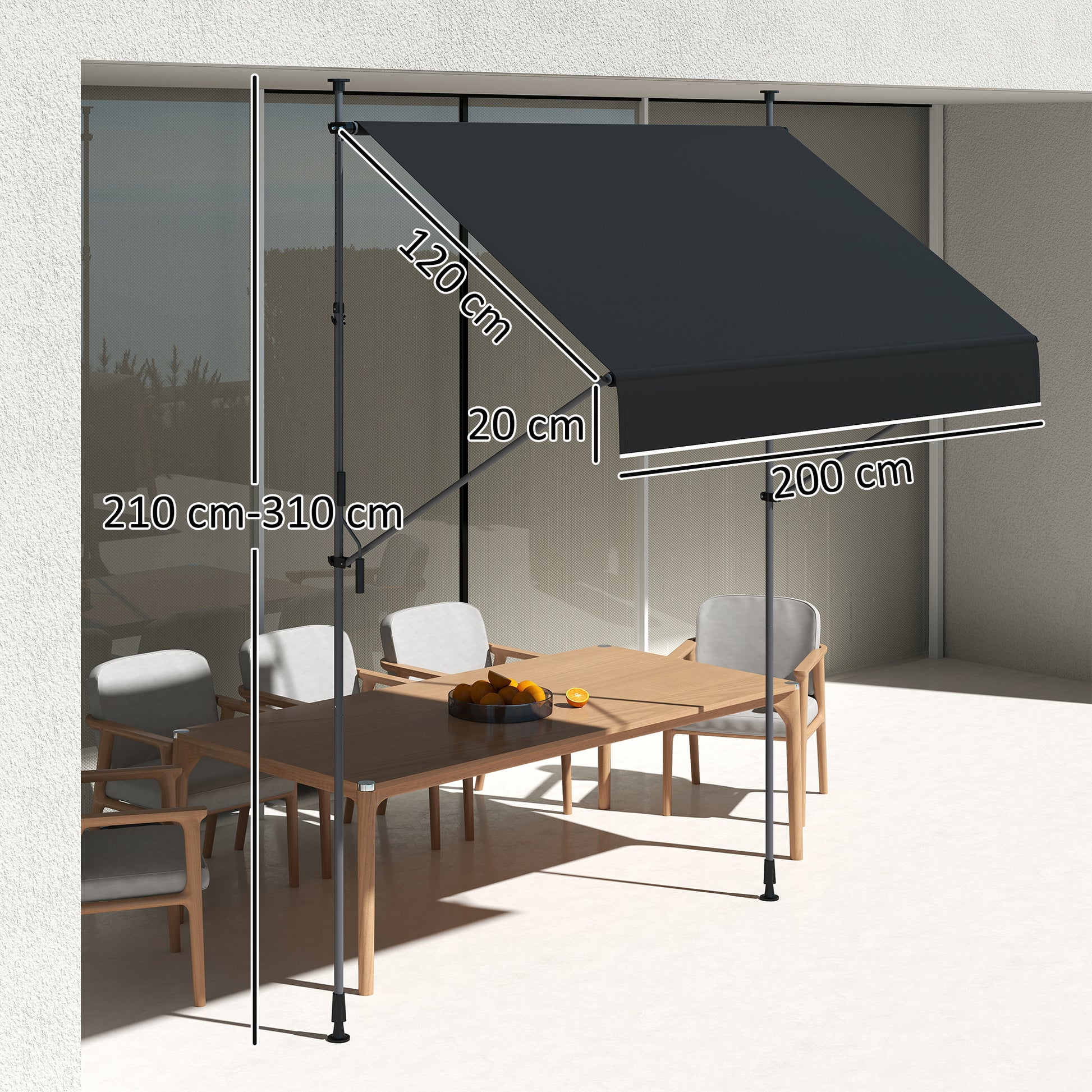 Outsunny Toldo Manual Retráctil 2x1,2 m Toldo Exterior Terraza Enrollable Altura Ajustable con Manivela 210-310 cm Protección UV30+ Sin Taladro para Jardín Balcón Patio Negro