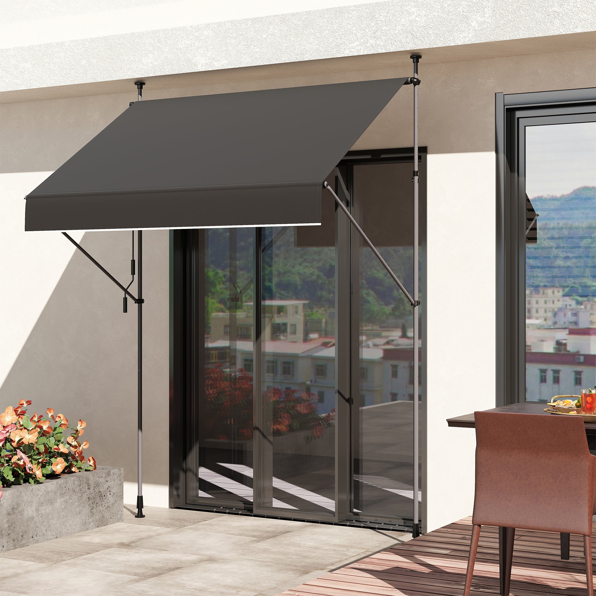 Outsunny Toldo Manual Retráctil 2x1,2 m Toldo Exterior Terraza Enrollable Altura Ajustable con Manivela 210-310 cm Protección UV30+ Sin Taladro para Jardín Balcón Patio Negro