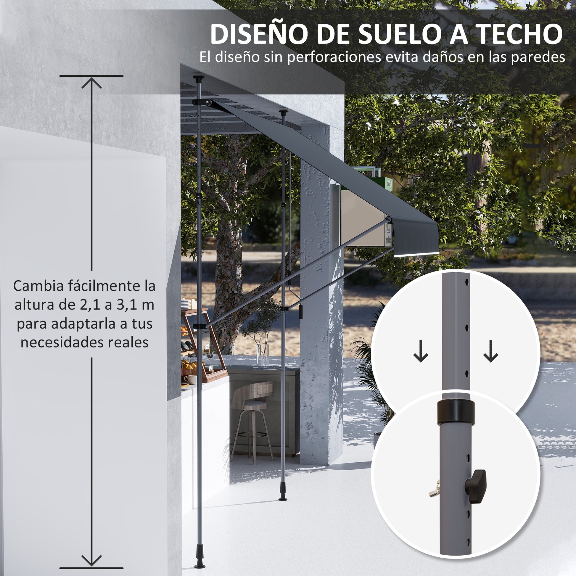 Outsunny Toldo Manual Retráctil 2x1,2 m Toldo Exterior Terraza Enrollable Altura Ajustable con Manivela 210-310 cm Protección UV30+ Sin Taladro para Jardín Balcón Patio Negro