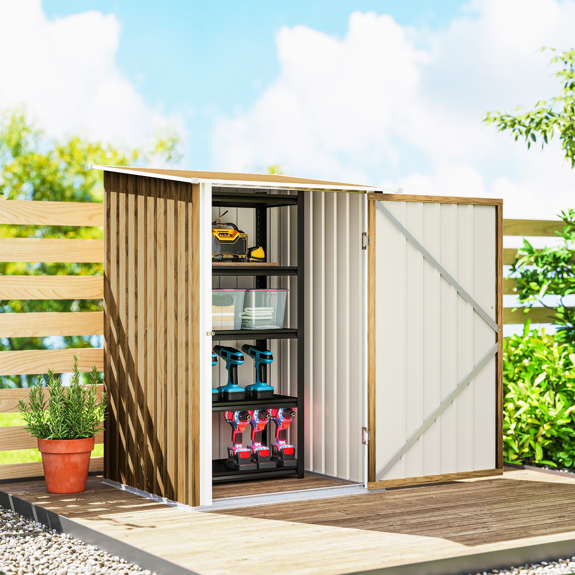 Outsunny Cobertizo de Jardín Exterior, 0,92 m², 100x103x160 cm, Caseta de Jardín Exterior Metálica con 1 Puerta y Cerradura, para Almacenamiento de Herramientas, para Patio, Terraza, Marrón Claro