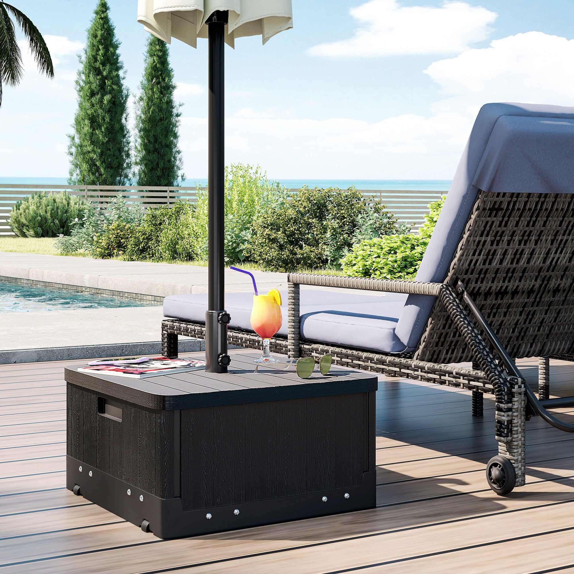 Outsunny Base para Sombrilla Exterior 3 en 1, Mesa Auxiliar, Macetero con Orificio de Drenaje, Soporte de Parasol Rellenable Arena 80 kg con Ruedas y Asas para Sombrilla con Postes Ø38 y Ø48 mm, Negro