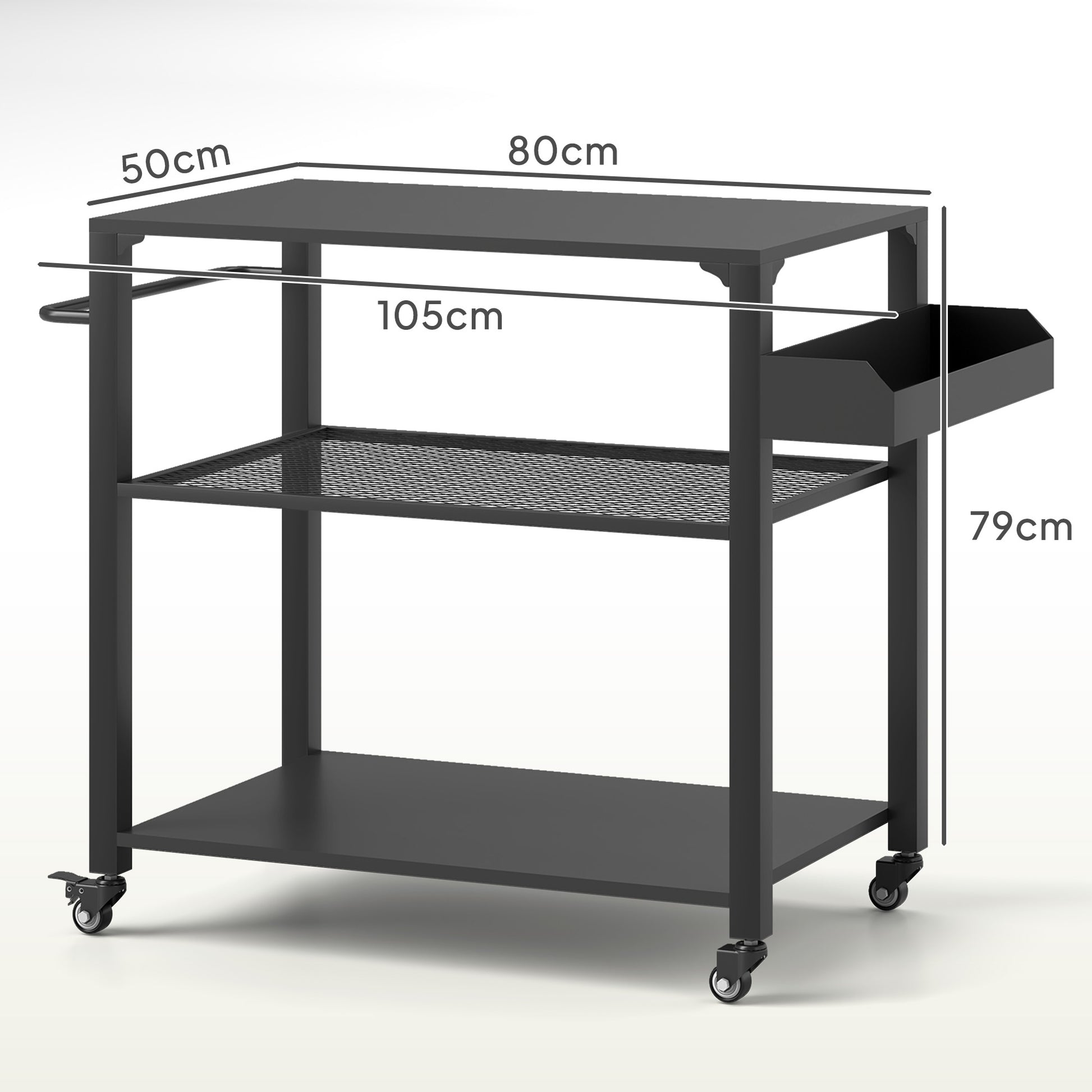 Outsunny Carrito de Parrilla de 3 Niveles Carrito de Barbacoa Carrito de Servicio con 4 Ruedas Estantes y Asa Mesa de Horno de Pizza para Jardín Patio Negro