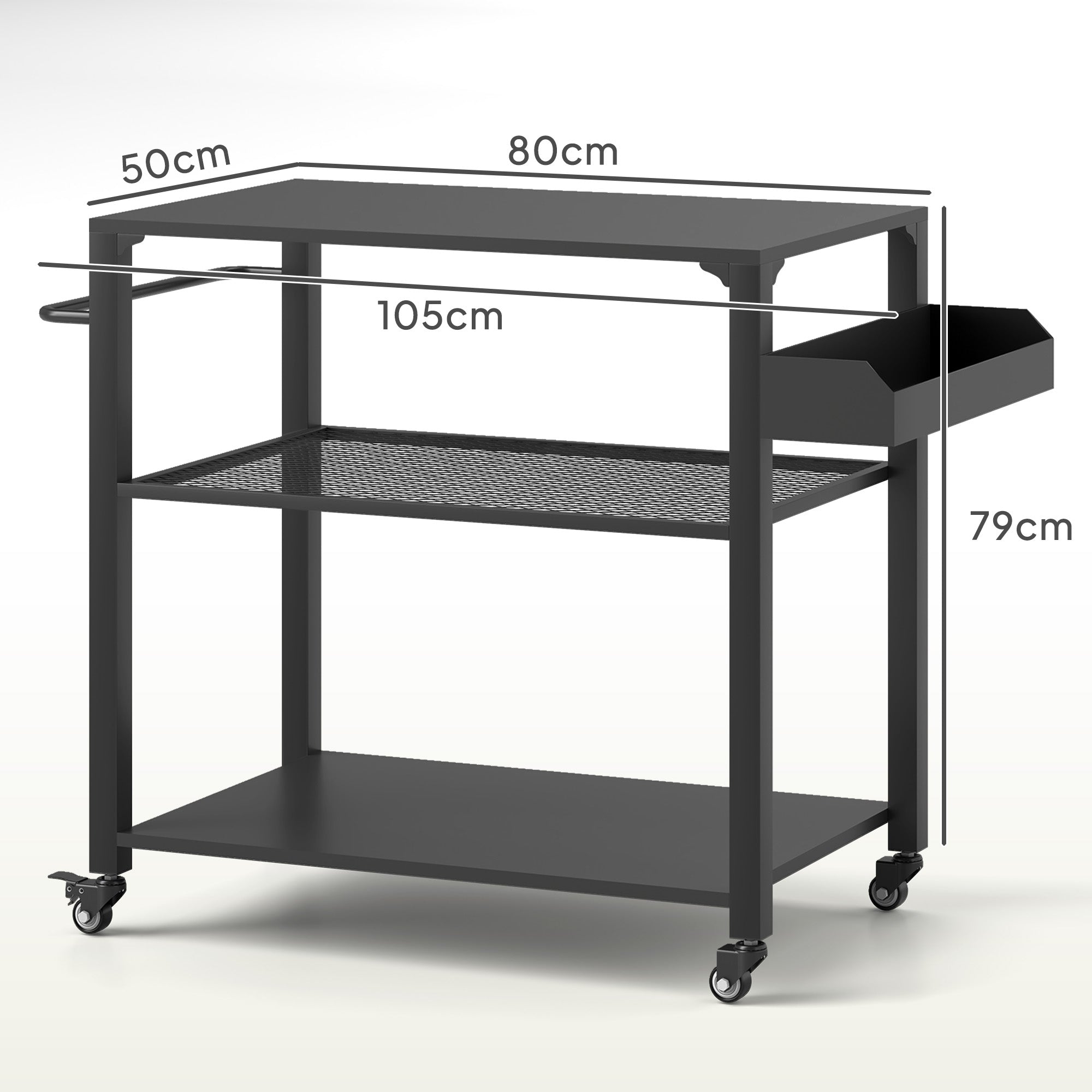 Outsunny Carrito de Parrilla de 3 Niveles Carrito de Barbacoa Carrito de Servicio con 4 Ruedas Estantes y Asa Mesa de Horno de Pizza para Jardín Patio Negro