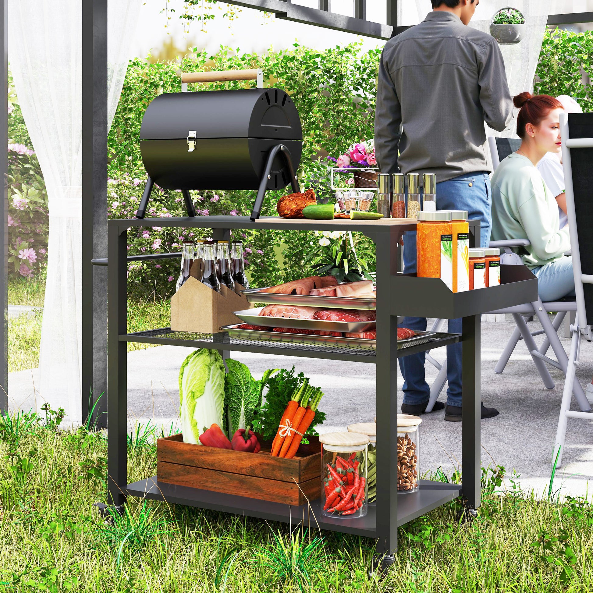 Outsunny Carrito de Parrilla de 3 Niveles Carrito de Barbacoa Carrito de Servicio con 4 Ruedas Estantes y Asa Mesa de Horno de Pizza para Jardín Patio Negro