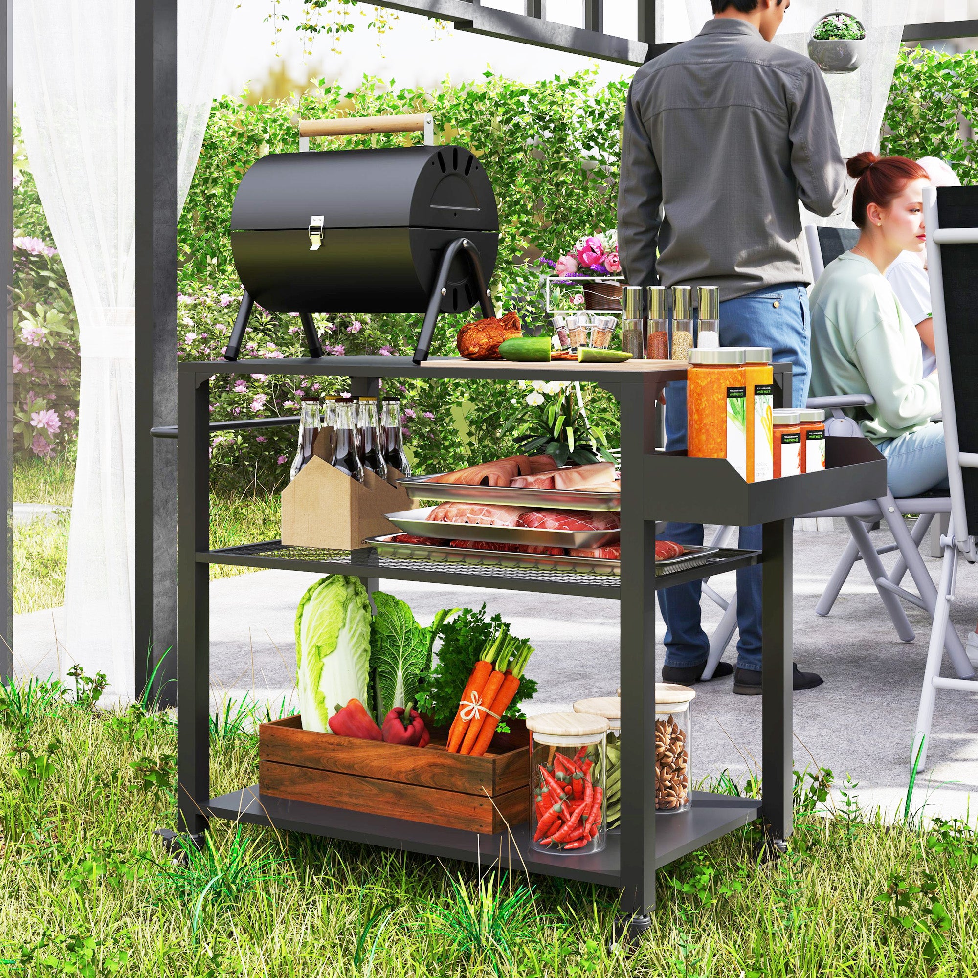 Outsunny Carrito de Parrilla de 3 Niveles Carrito de Barbacoa Carrito de Servicio con 4 Ruedas Estantes y Asa Mesa de Horno de Pizza para Jardín Patio Negro