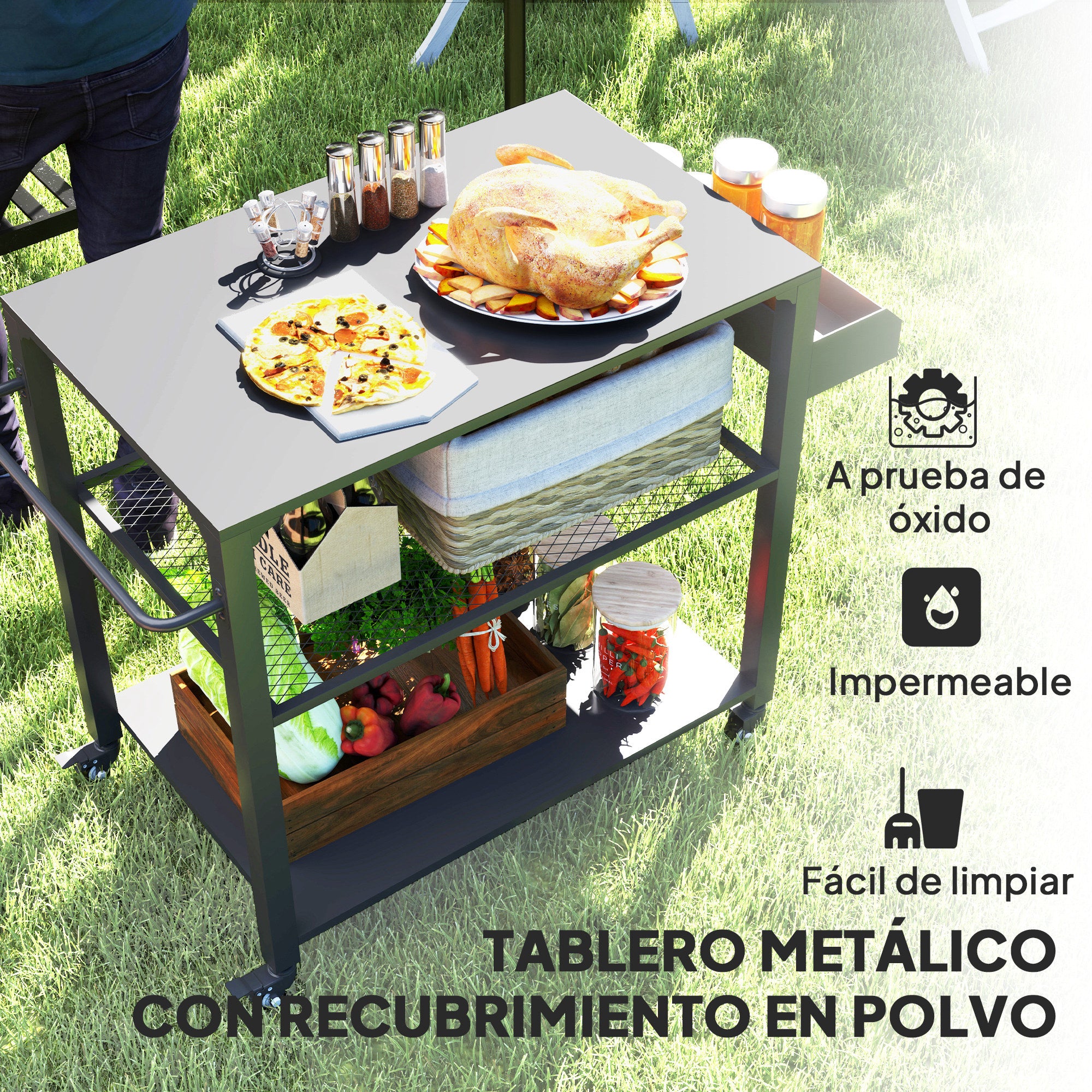 Outsunny Carrito de Parrilla de 3 Niveles Carrito de Barbacoa Carrito de Servicio con 4 Ruedas Estantes y Asa Mesa de Horno de Pizza para Jardín Patio Negro