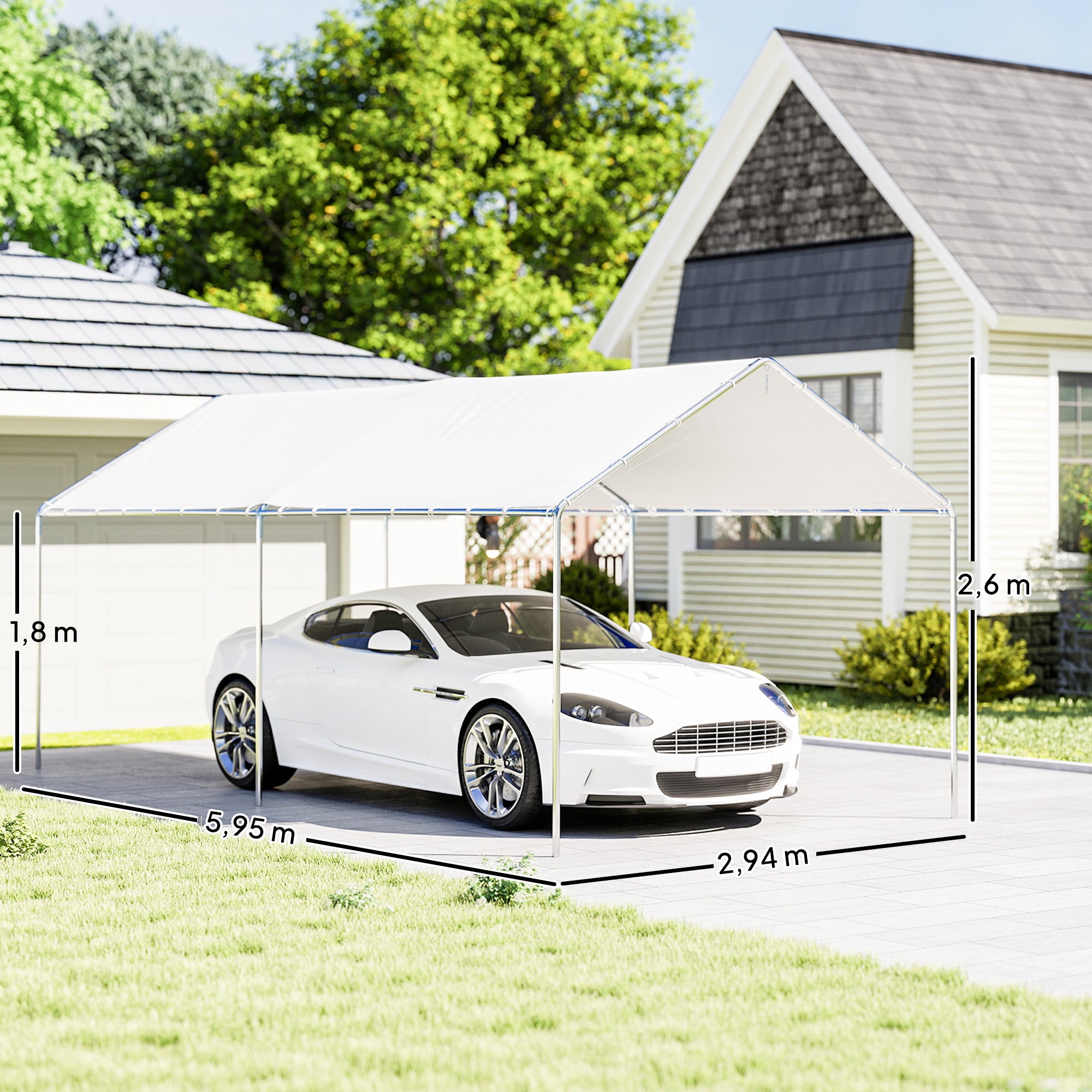 Outsunny Carpa Garaje para Coche 3x6 m, Cochera Exterior Portátil con Marco de Acero Galvanizado, Impermeable, Anti-UV, Pabellón Gazebo de Jardín con Accesorios, para Eventos, Fiestas, Blanco