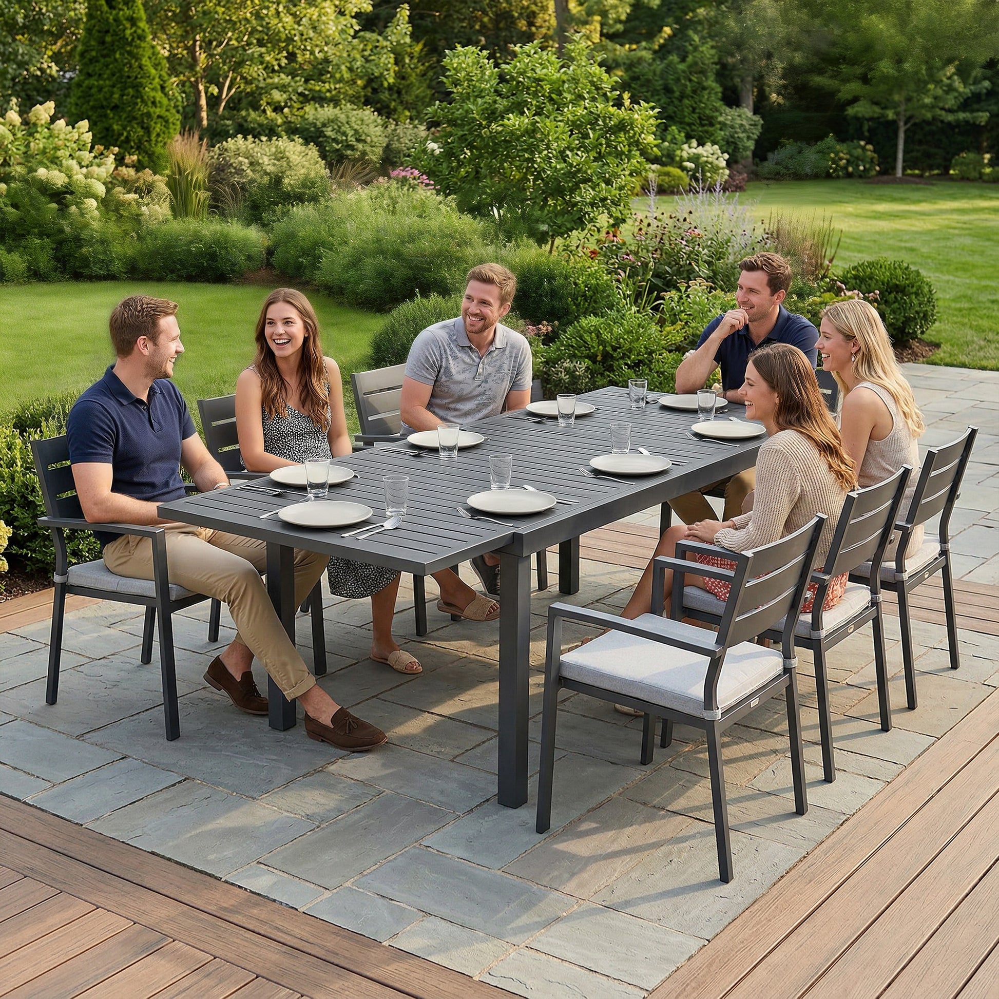 Outsunny Mesa de Jardín Extensible 150/225x85x75 cm, Mesa de Comedor Exterior Extensible Rectangular de Aluminio, con Tablero de Listones para 6-8 Personas, para Patio, Terraza, Gris Oscuro