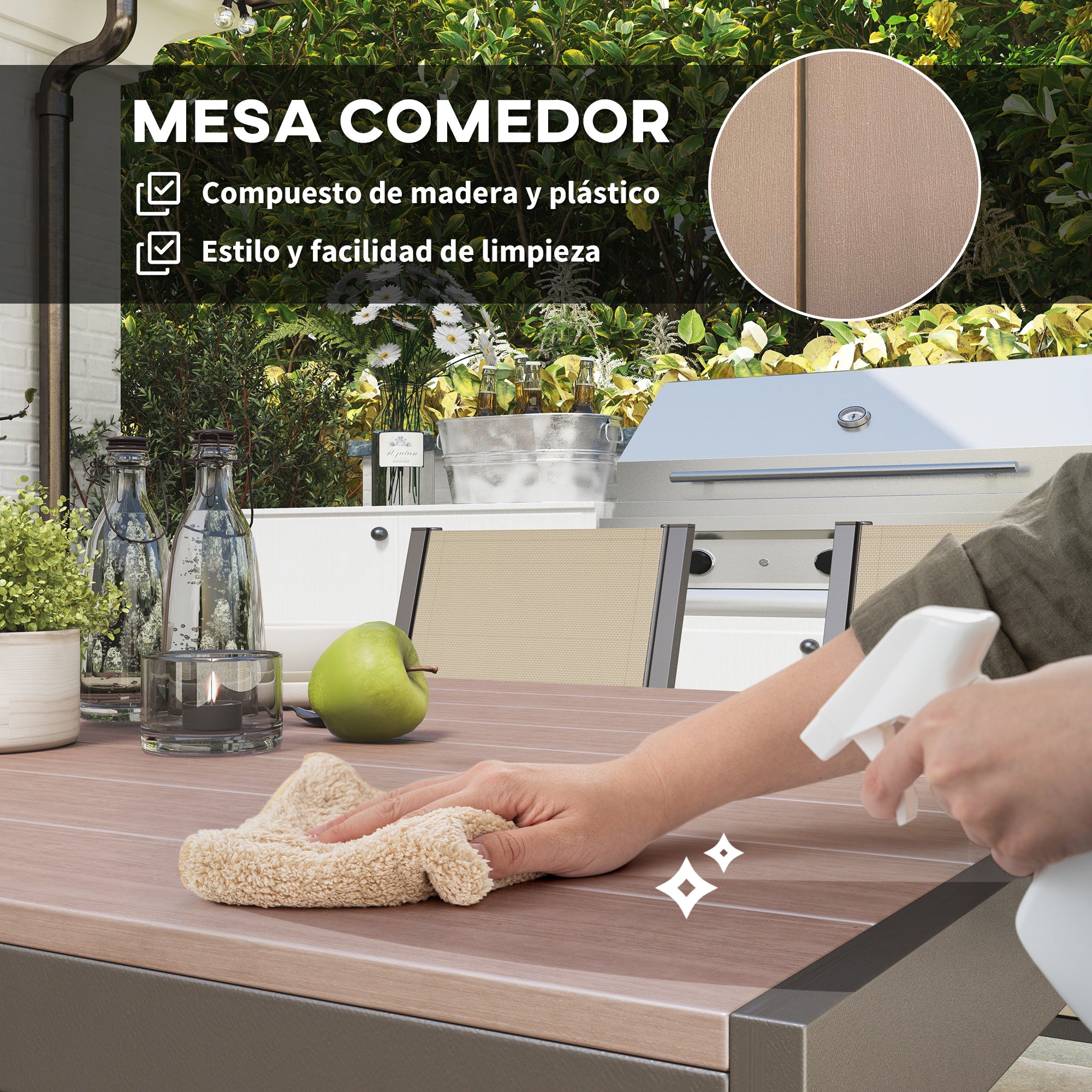 Outsunny Conjunto de Comedor de Exterior de 7 Piezas Conjunto de Mesa y 6 Sillas de Jardín con Sillas Apilables y Marco de Acero para Terraza Patio Caqui y Marrón