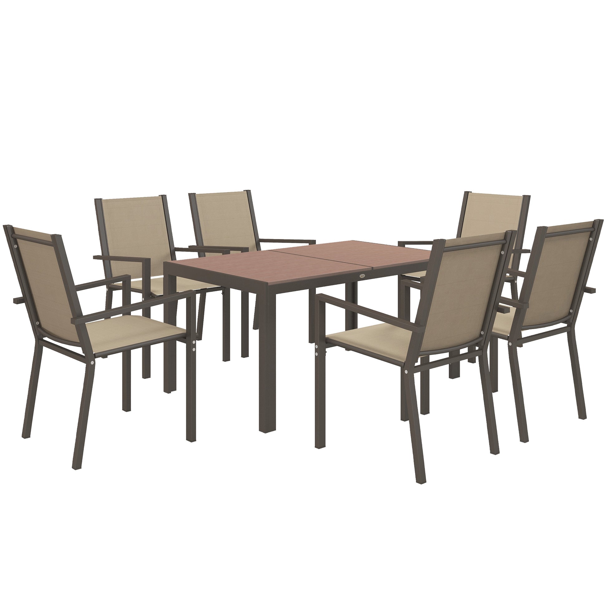 Outsunny Conjunto de Comedor de Exterior de 7 Piezas Conjunto de Mesa y 6 Sillas de Jardín con Sillas Apilables y Marco de Acero para Terraza Patio Caqui y Marrón