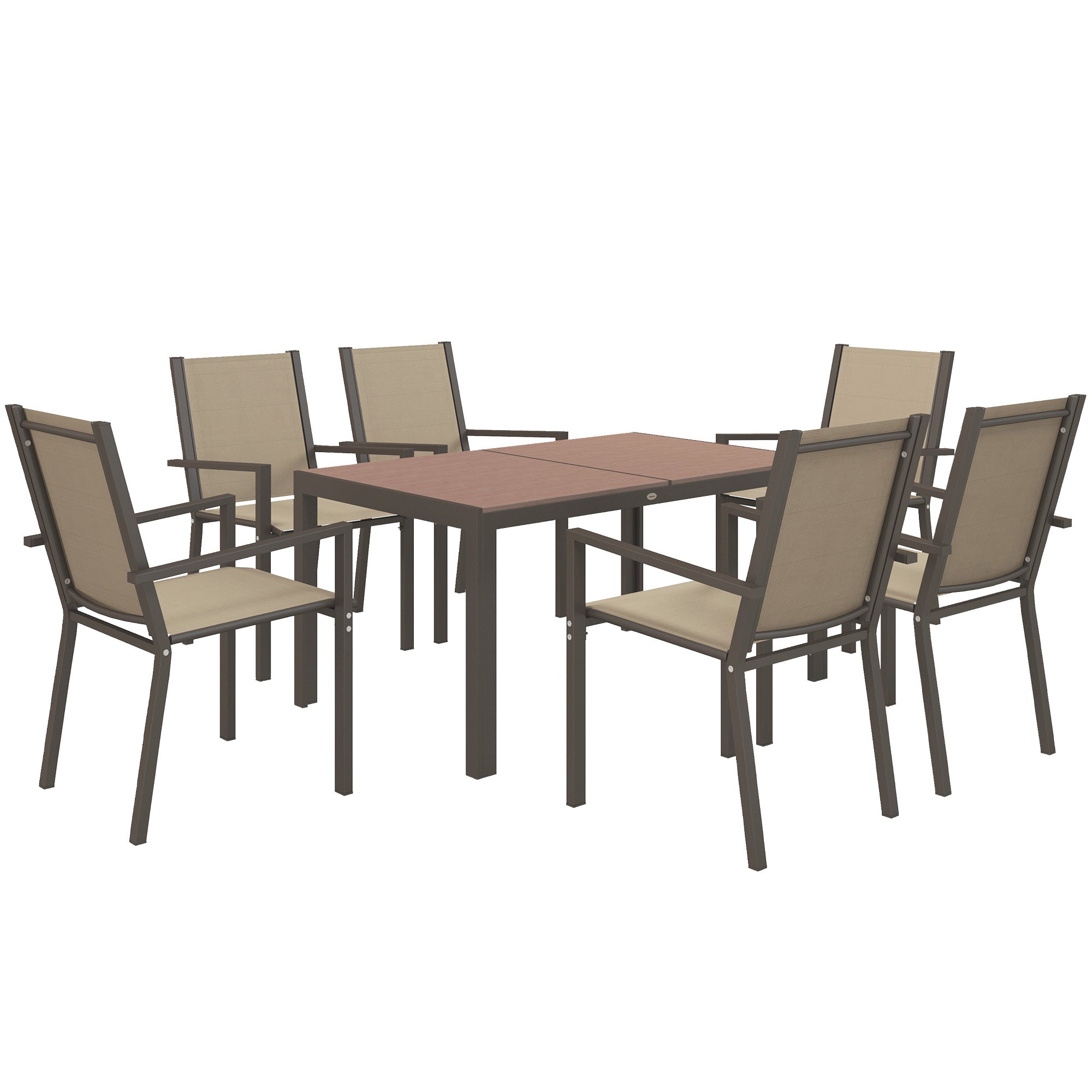 Outsunny Conjunto de Comedor de Exterior de 7 Piezas Conjunto de Mesa y 6 Sillas de Jardín con Sillas Apilables y Marco de Acero para Terraza Patio Caqui y Marrón