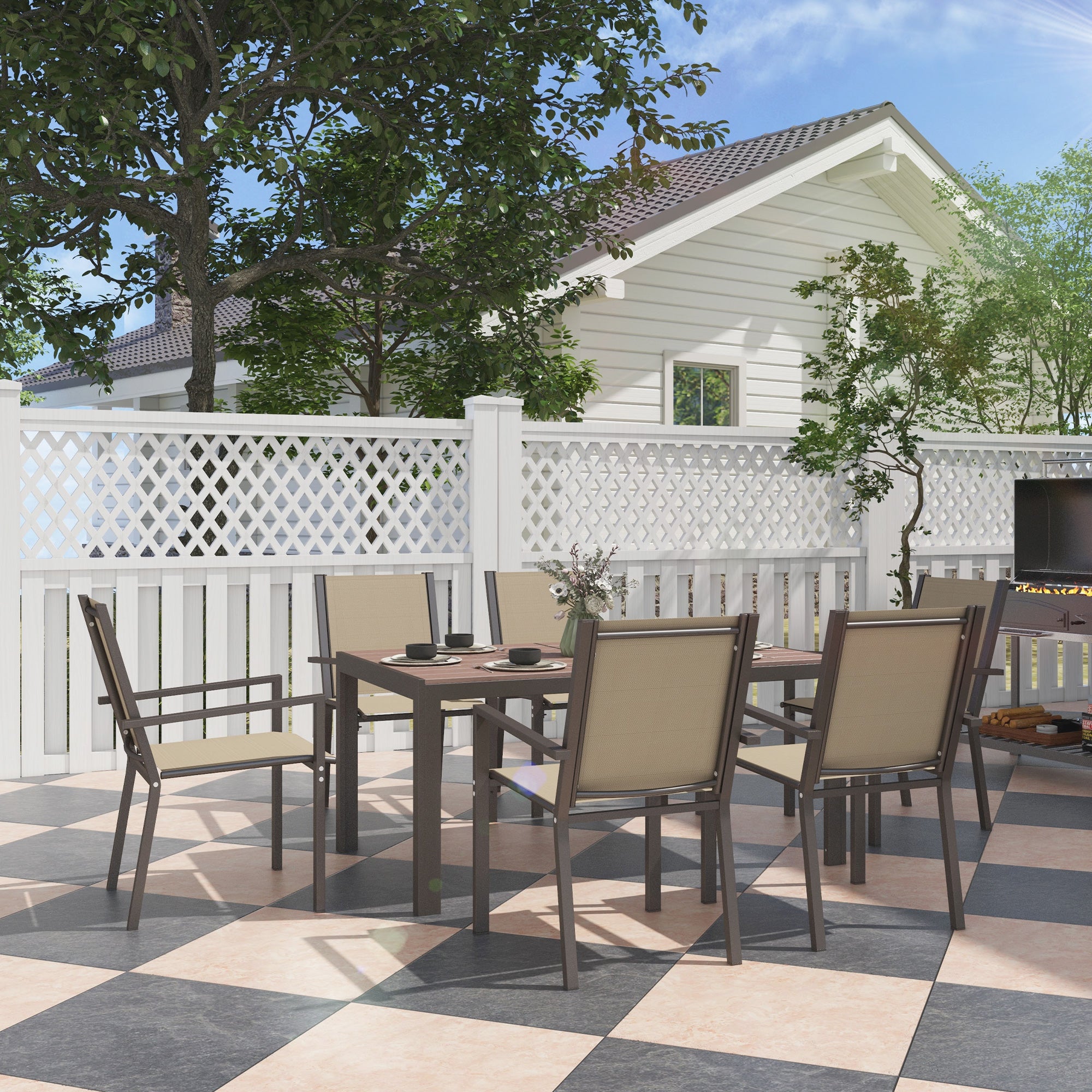 Outsunny Conjunto de Comedor de Exterior de 7 Piezas Conjunto de Mesa y 6 Sillas de Jardín con Sillas Apilables y Marco de Acero para Terraza Patio Caqui y Marrón