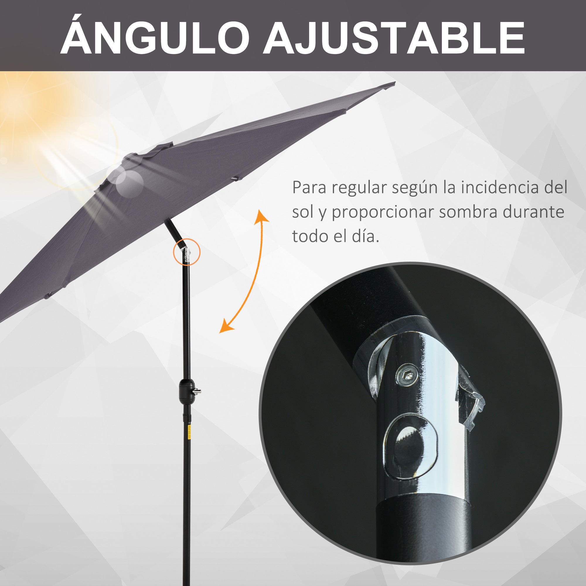 Outsunny Sombrilla para Jardín de Aluminio Ø260x235 cm Parasol de Jardín Reclinable con Manivela y 6 Varillas de Metal para Terraza Exterior Balcón Gris