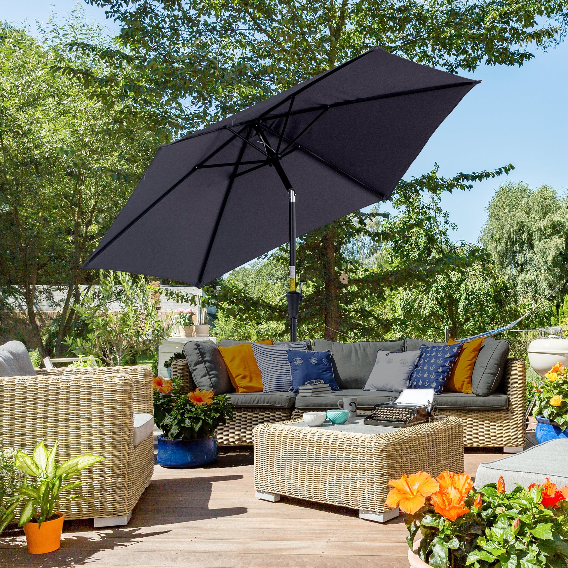 Outsunny Sombrilla para Jardín de Aluminio Ø260x235 cm Parasol de Jardín Reclinable con Manivela y 6 Varillas de Metal para Terraza Exterior Balcón Gris