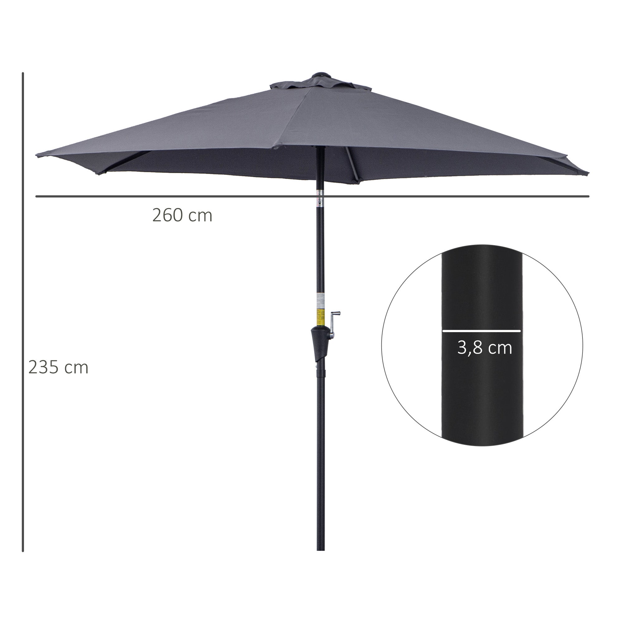Outsunny Sombrilla para Jardín de Aluminio Ø260x235 cm Parasol de Jardín Reclinable con Manivela y 6 Varillas de Metal para Terraza Exterior Balcón Gris