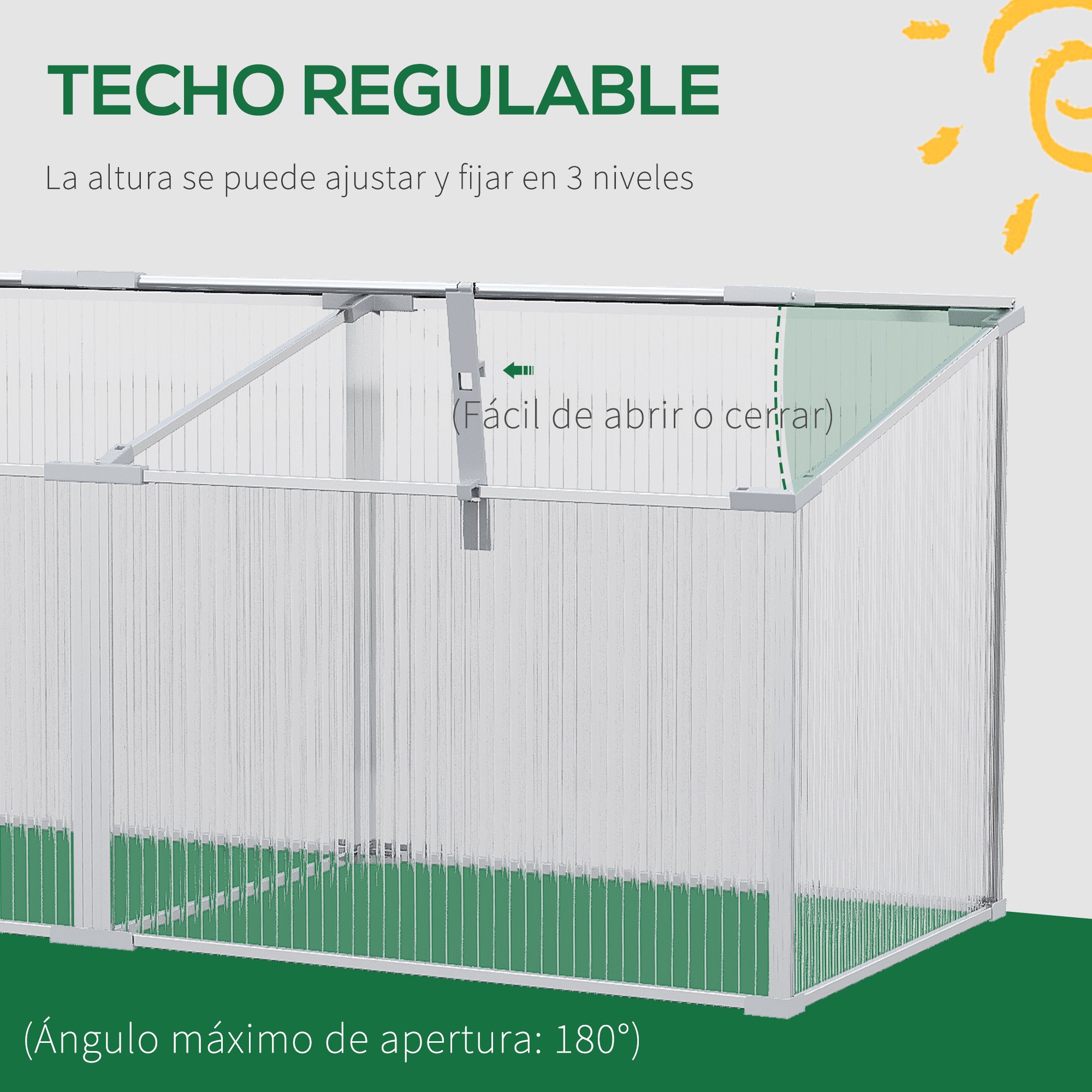 Outsunny Invernadero de Jardín de Policarbonato y Aluminio 180x51x51 cm Vivero Casero con 3 Techos Ajustables Protección UV30+ para Huerto Terraza Patio Transparente