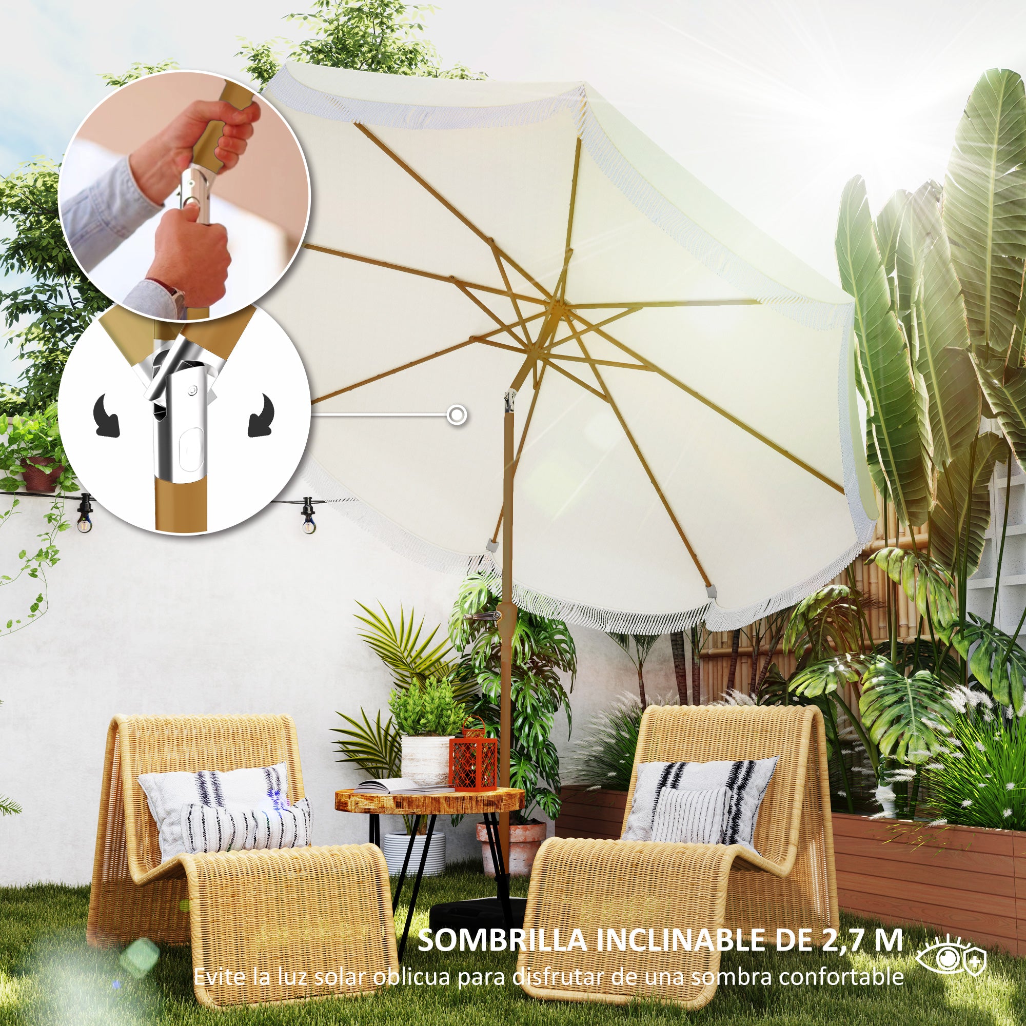 Outsunny Sombrilla Terraza Exterior Ø269 cm Sombrilla de Jardín con Ángulo Ajustable y Manivela Protección UV30+ Parasol para Patio Terraza Beige