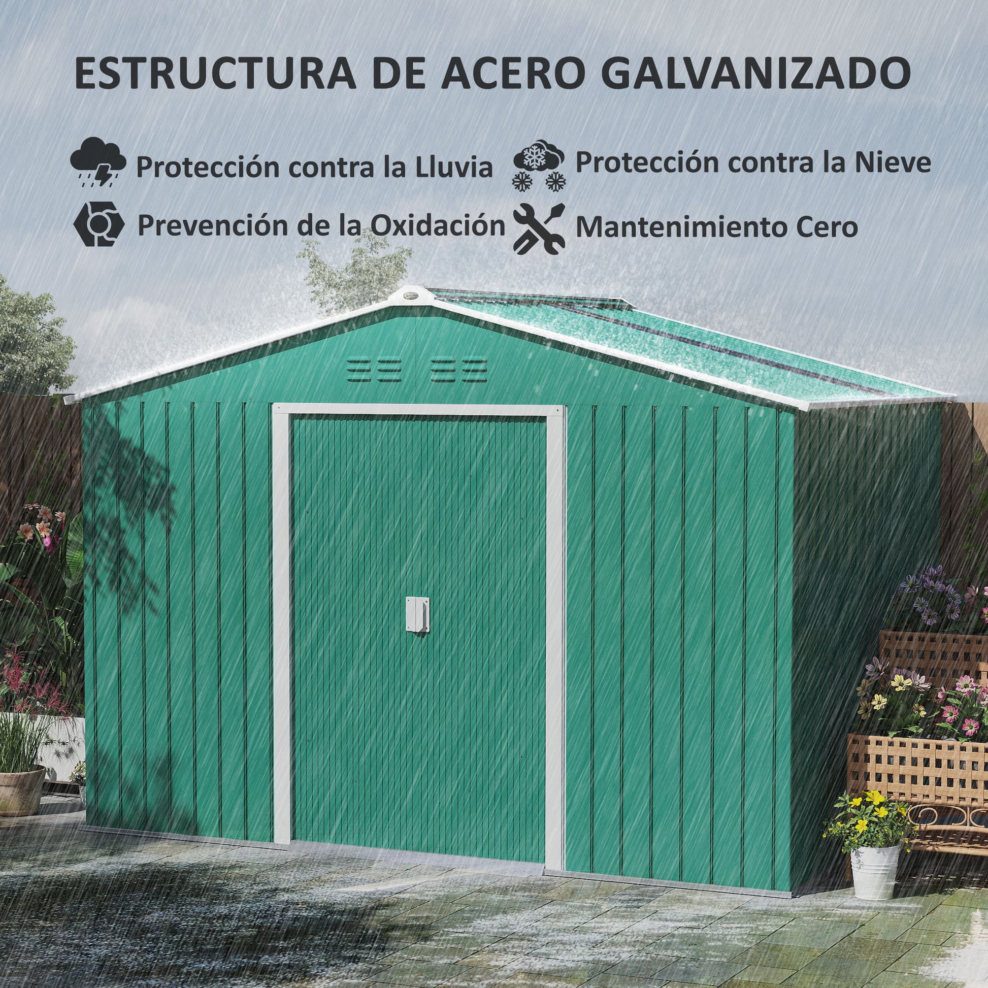 Outsunny Caseta de Jardín Exterior 4,9 m² 277x195x192 cm Cobertizo de Jardín Exterior con Puerta Corredera Techo de Fibra de Vidrio Base Refuerzo (Suelo NO Incluido) y 4 Ventanas Verde