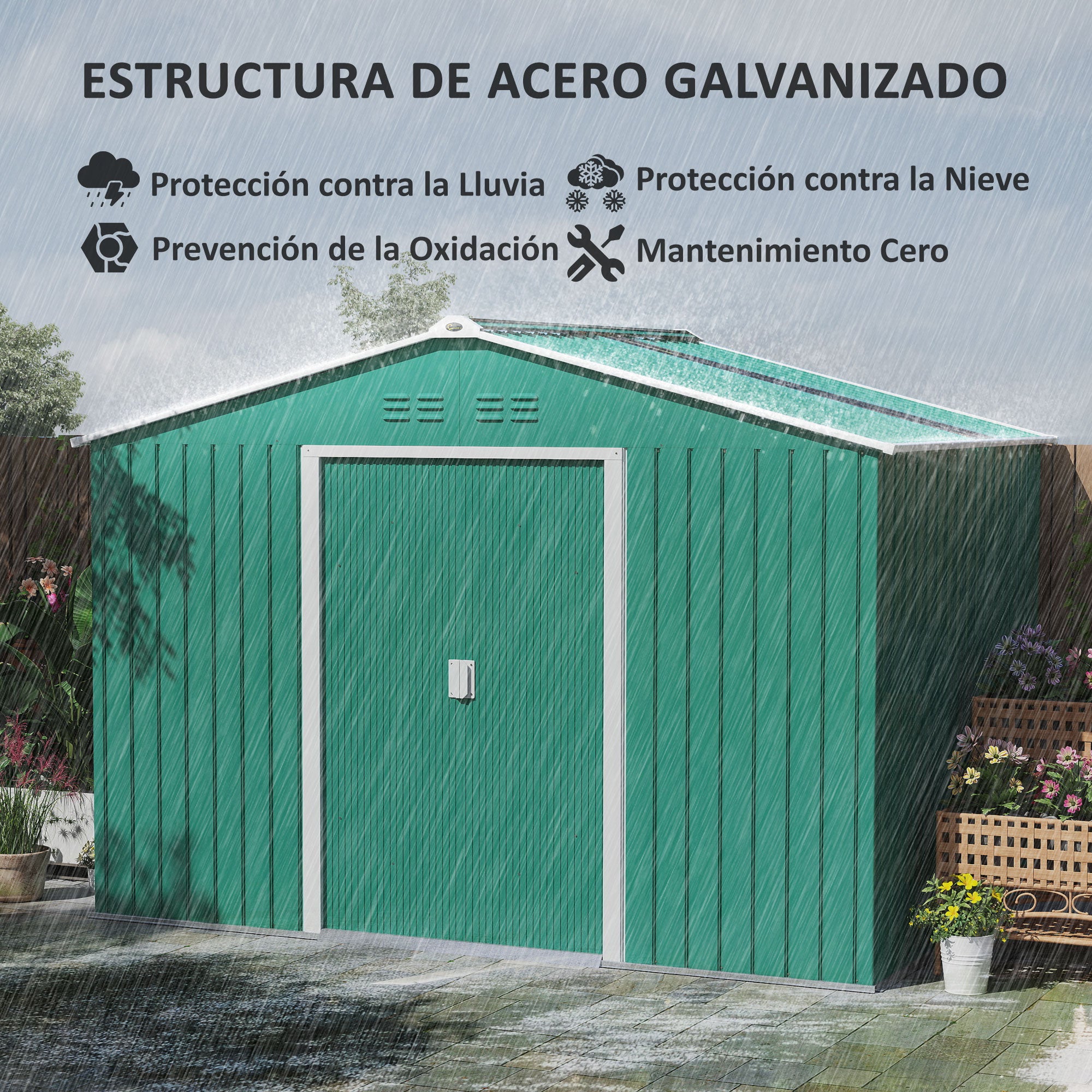 Outsunny Caseta de Jardín Exterior 4,9 m² 277x195x192 cm Cobertizo de Jardín Exterior con Puerta Corredera Techo de Fibra de Vidrio Base Refuerzo (Suelo NO Incluido) y 4 Ventanas Verde