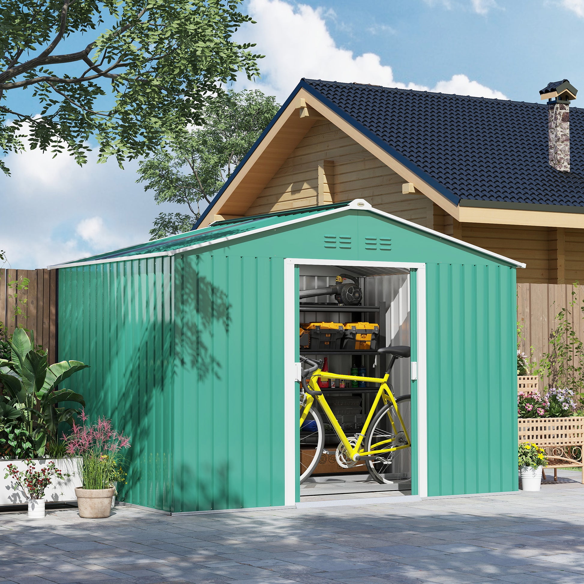 Outsunny Caseta de Jardín Exterior 4,9 m² 277x195x192 cm Cobertizo de Jardín Exterior con Puerta Corredera Techo de Fibra de Vidrio Base Refuerzo (Suelo NO Incluido) y 4 Ventanas Verde