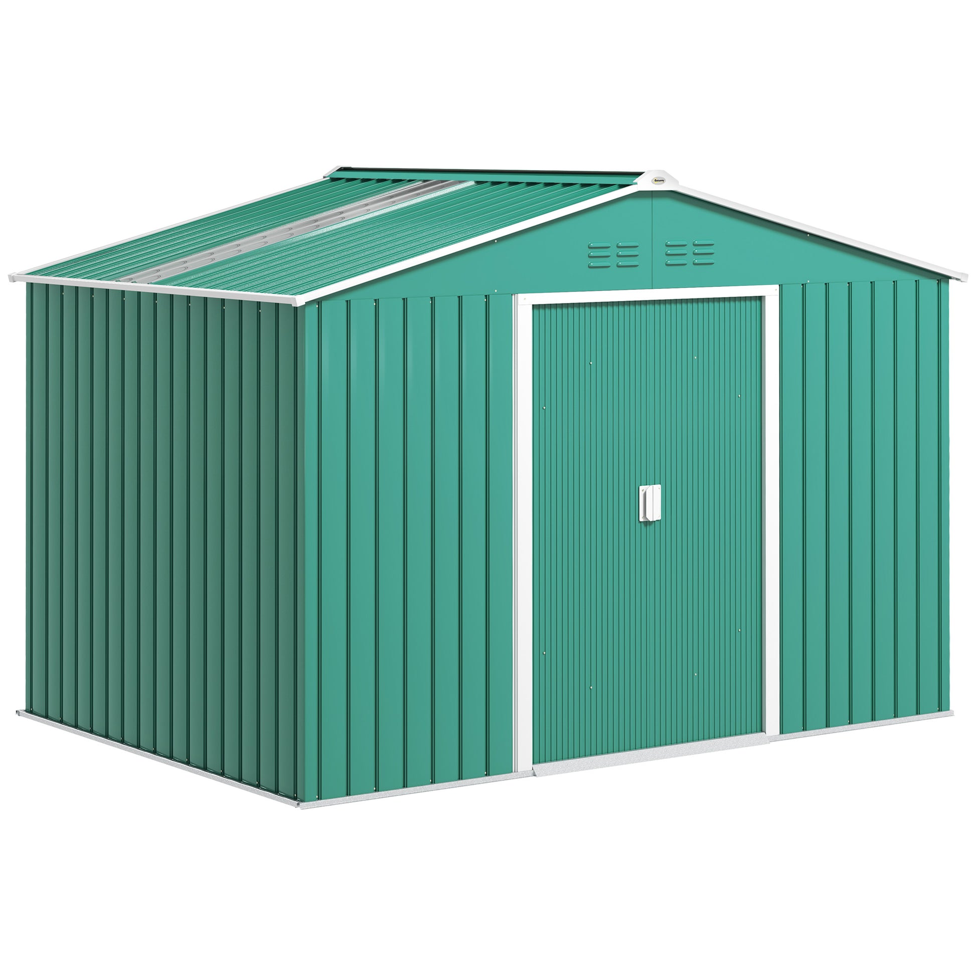 Outsunny Caseta de Jardín Exterior 4,9 m² 277x195x192 cm Cobertizo de Jardín Exterior con Puerta Corredera Techo de Fibra de Vidrio Base Refuerzo (Suelo NO Incluido) y 4 Ventanas Verde