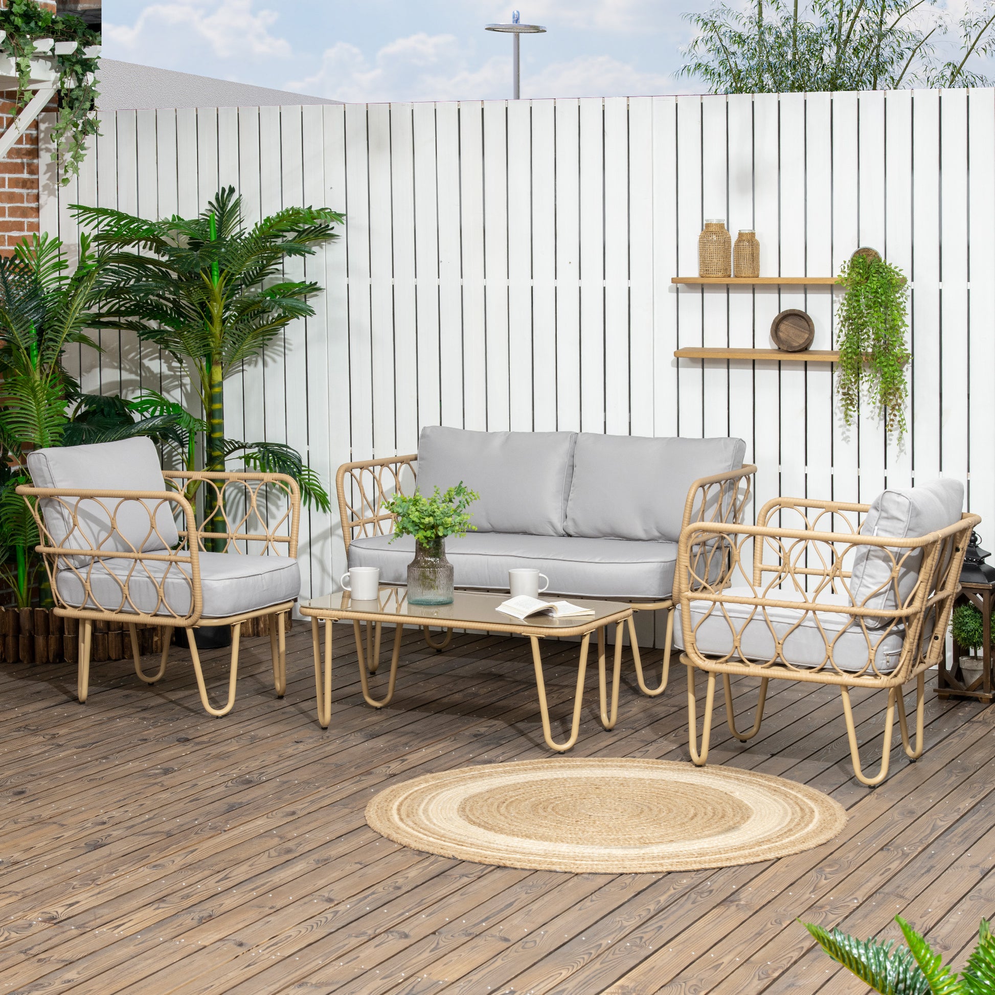 Outsunny Conjunto de Jardín de Ratán Sintético Juego de 4 Piezas Muebles de Jardín con Sofá de 2 Plazas 2 Sillones y Mesa de Centro con Encimera de Cristal y Cojines Extraíbles Natural y Gris