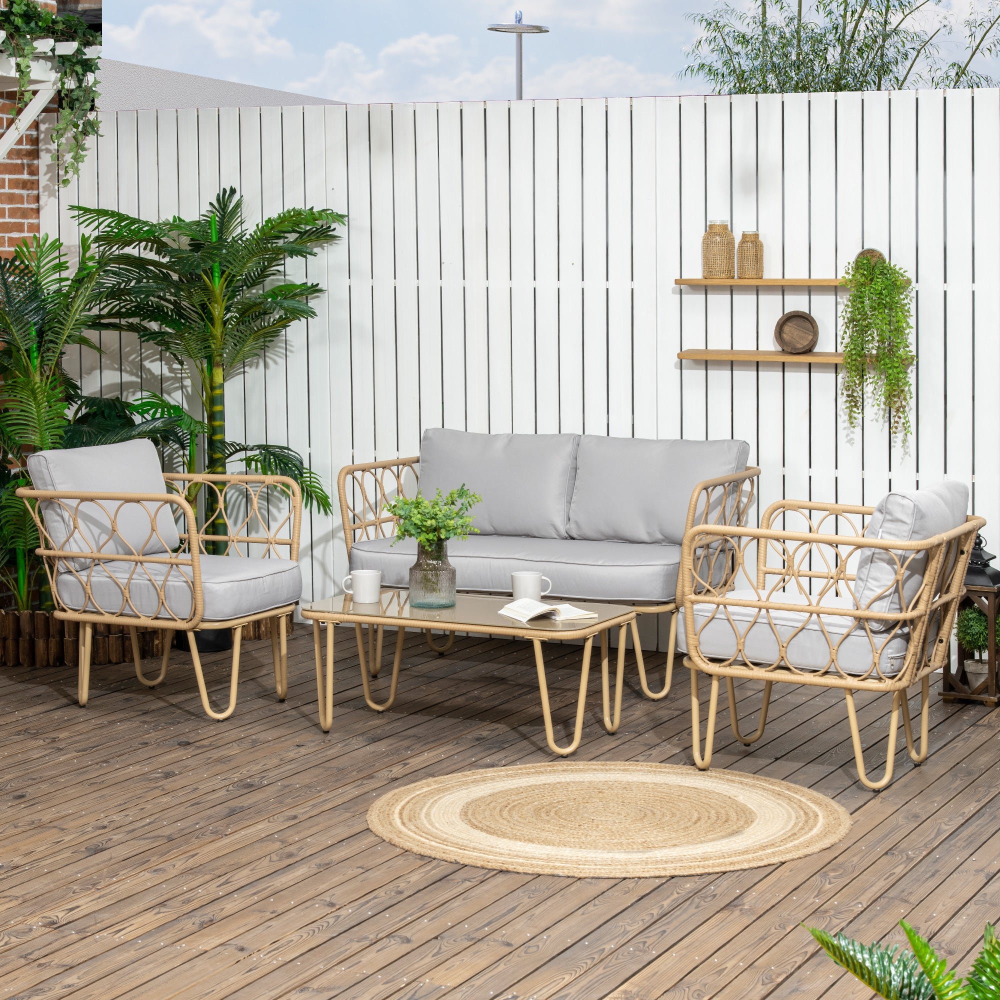 Outsunny Conjunto de Jardín de Ratán Sintético Juego de 4 Piezas Muebles de Jardín con Sofá de 2 Plazas 2 Sillones y Mesa de Centro con Encimera de Cristal y Cojines Extraíbles Natural y Gris