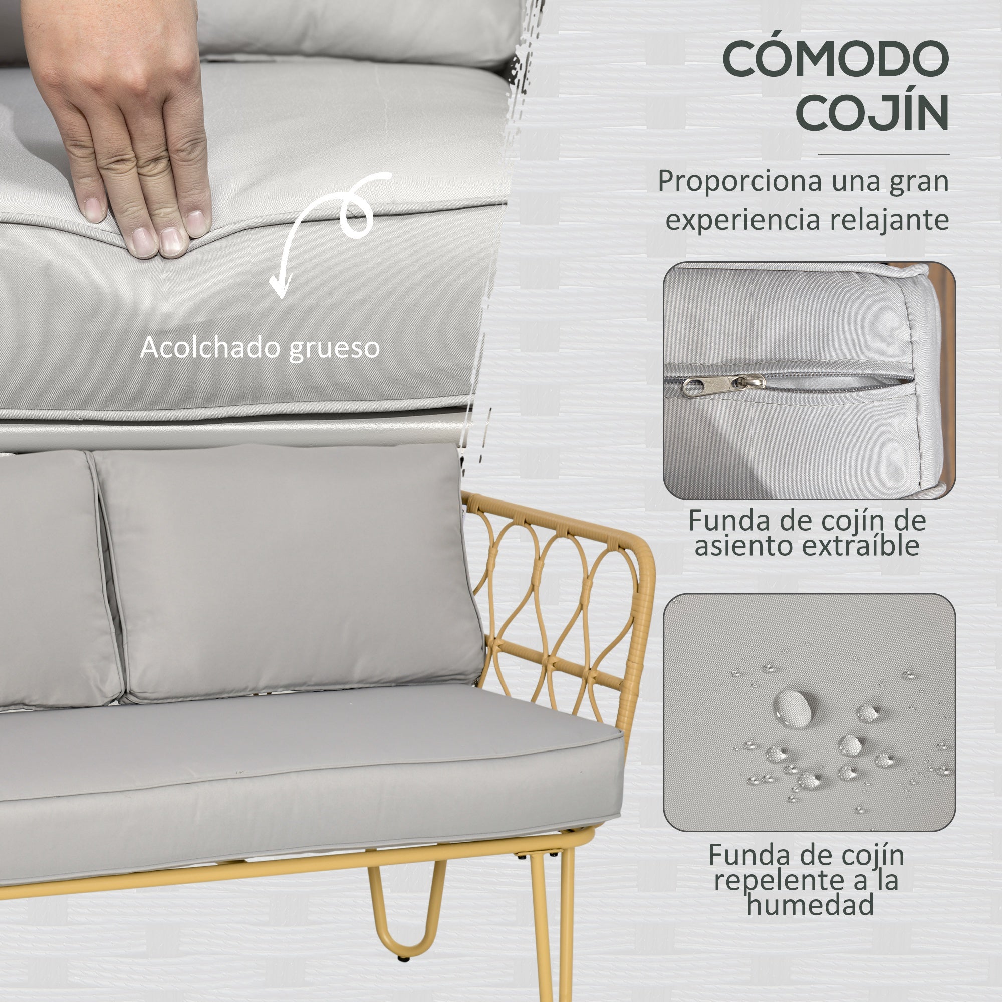 Outsunny Conjunto de Jardín de Ratán Sintético Juego de 4 Piezas Muebles de Jardín con Sofá de 2 Plazas 2 Sillones y Mesa de Centro con Encimera de Cristal y Cojines Extraíbles Natural y Gris