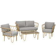 Outsunny Conjunto de Jardín de Ratán Sintético Juego de 4 Piezas Muebles de Jardín con Sofá de 2 Plazas 2 Sillones y Mesa de Centro con Encimera de Cristal y Cojines Extraíbles Natural y Gris