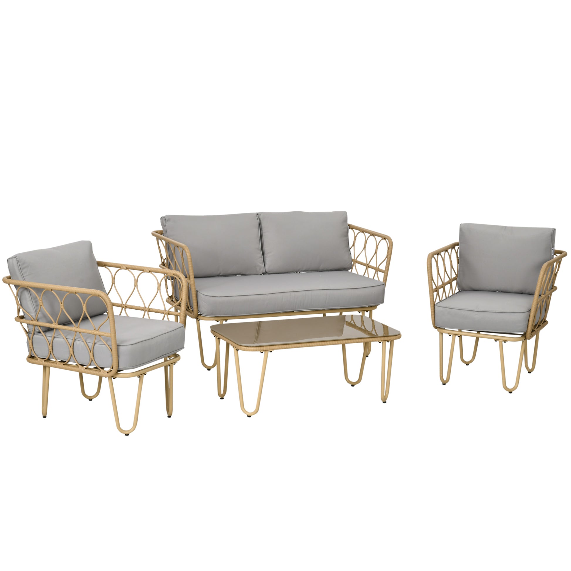 Outsunny Conjunto de Jardín de Ratán Sintético Juego de 4 Piezas Muebles de Jardín con Sofá de 2 Plazas 2 Sillones y Mesa de Centro con Encimera de Cristal y Cojines Extraíbles Natural y Gris