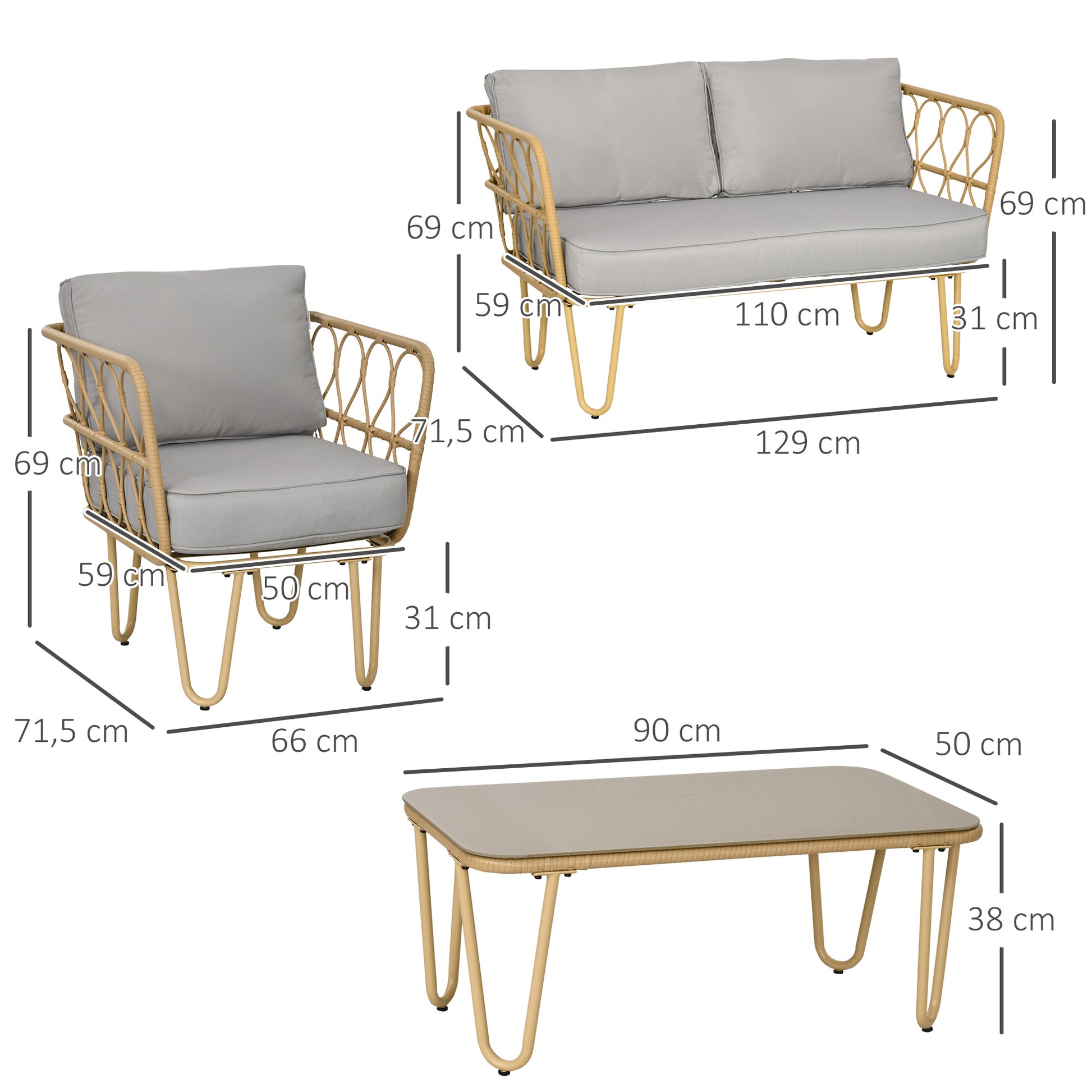 Outsunny Conjunto de Jardín de Ratán Sintético Juego de 4 Piezas Muebles de Jardín con Sofá de 2 Plazas 2 Sillones y Mesa de Centro con Encimera de Cristal y Cojines Extraíbles Natural y Gris