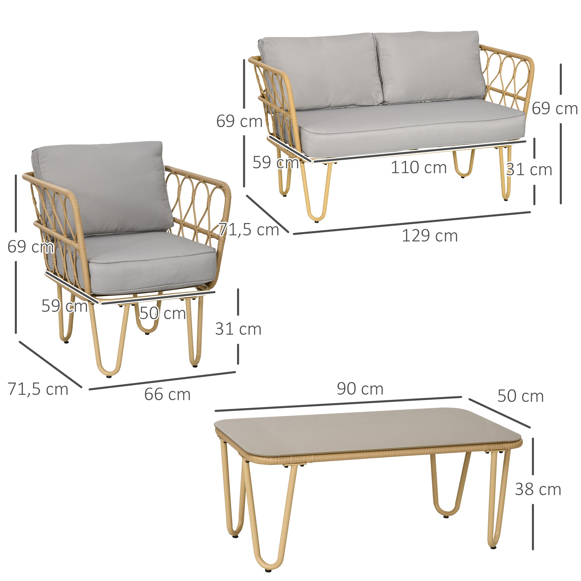 Outsunny Conjunto de Jardín de Ratán Sintético Juego de 4 Piezas Muebles de Jardín con Sofá de 2 Plazas 2 Sillones y Mesa de Centro con Encimera de Cristal y Cojines Extraíbles Natural y Gris