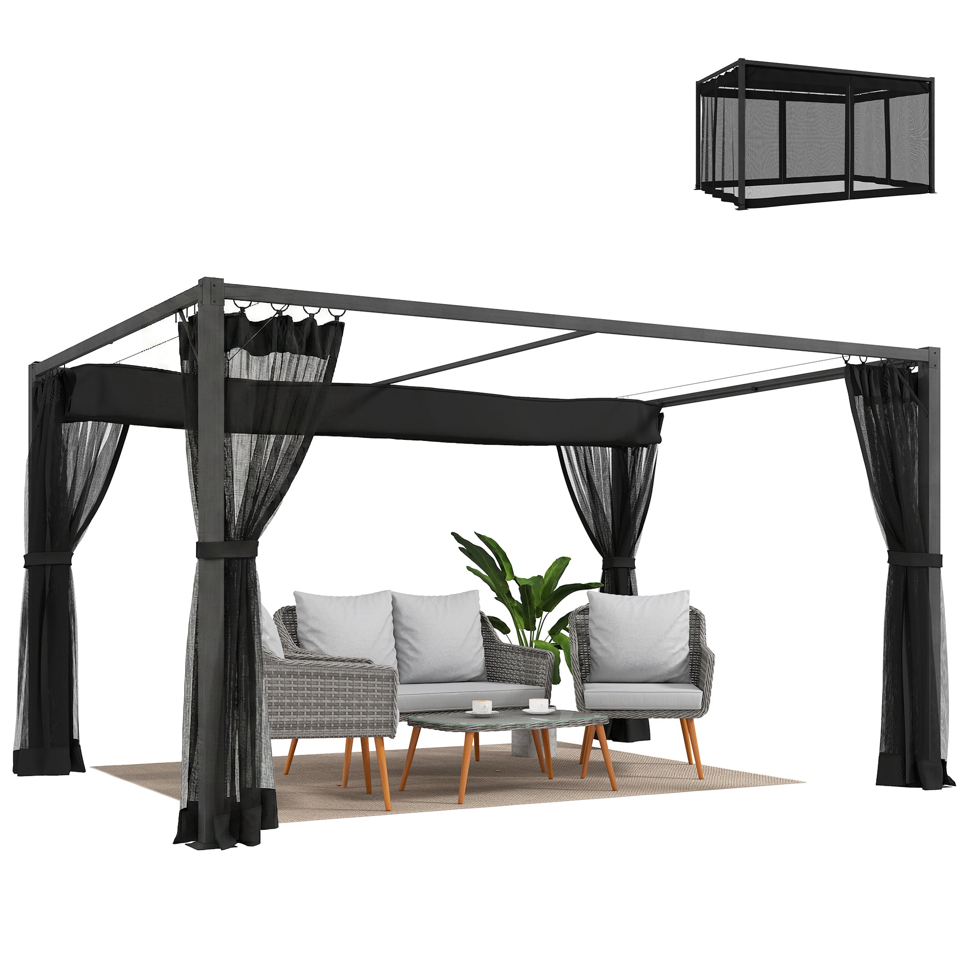 Outsunny Pérgola de Jardín 3x4 m con Techo Retráctil y 4 Paredes Laterales de Malla, Cenador de Jardín con Estructura de Aluminio, UPF30+, Pabellón para Exterior, Patio, Terraza, Gris Oscuro