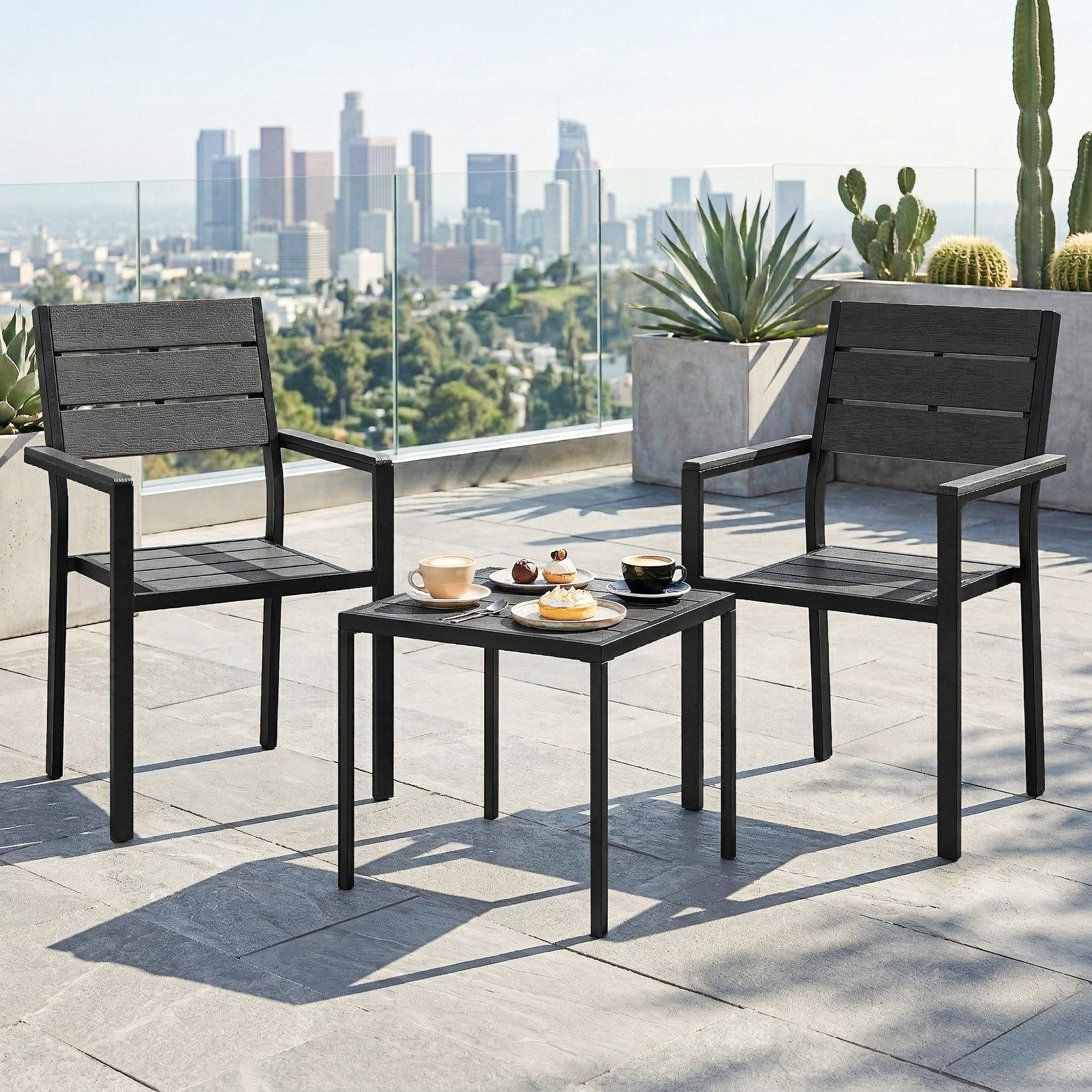 Outsunny Conjunto de Mesa y Sillas de Terraza Exterior de 3 Piezas Muebles de Jardín Exterior con 2 Sillas y Mesa de HDPE Diseño Listones Efecto Madera Marco Metal Resistente para Patio Balcón Negro