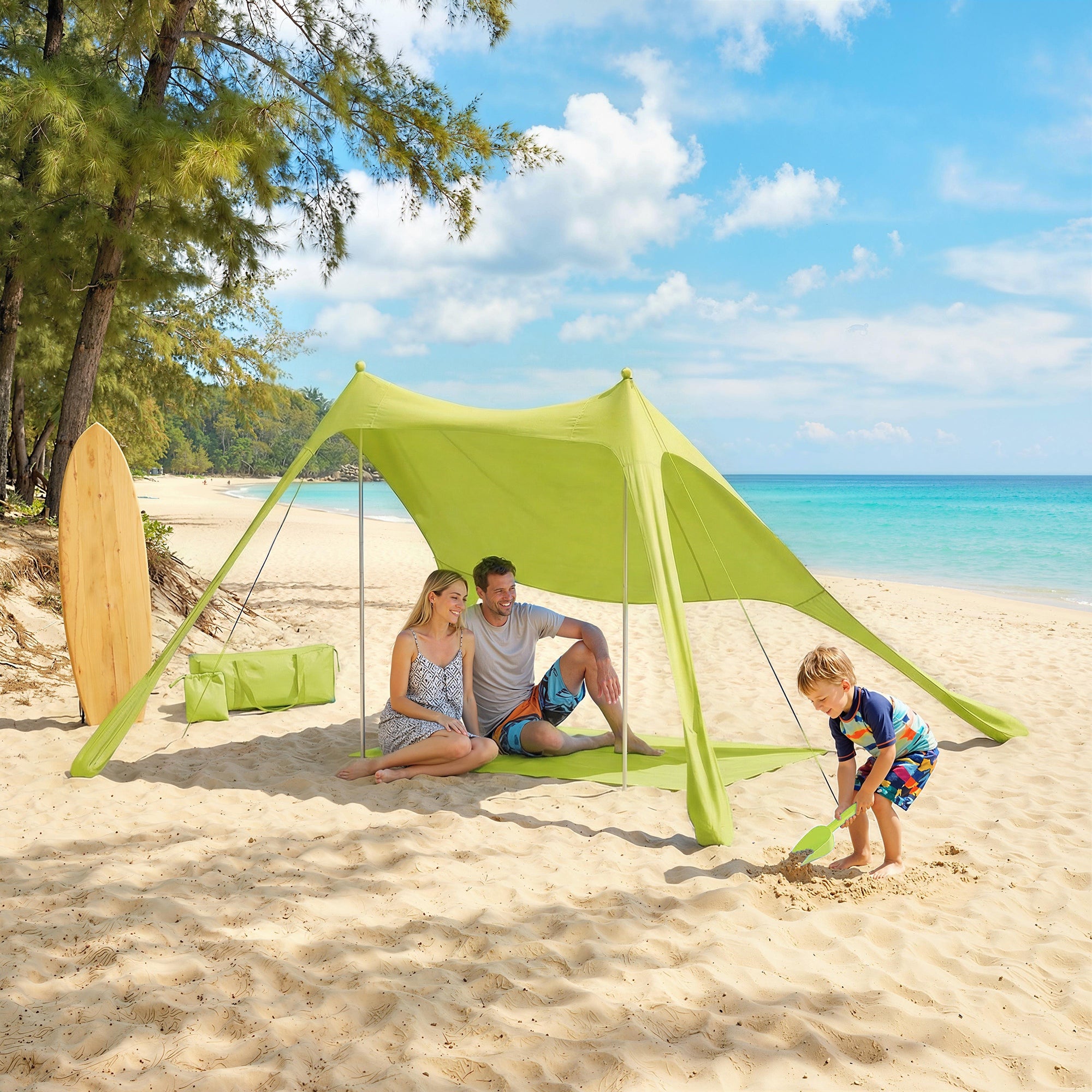 Outsunny Carpa Playa Plegable 208x200 cm, Toldo Playa Portátil para 2-4 Personas con Esterilla, UPF50+, Postes de Aluminio, Pala, Estacas y Bolsa de Transporte Impermeable, para Camping, Pesca, Verde